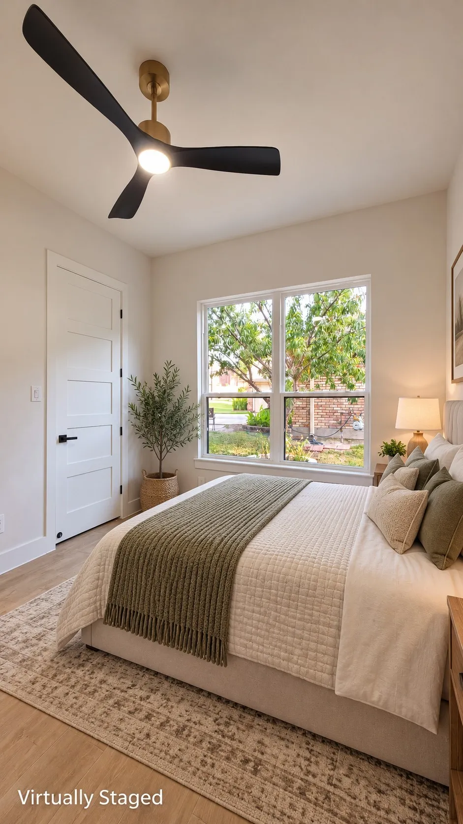 Wood-finish flooring, a contemporary ceiling fan, and a transom window