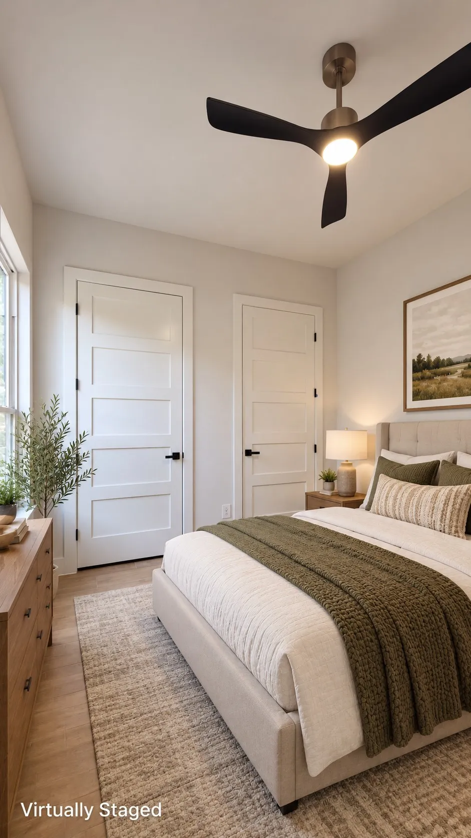 Wood-finish flooring, contemporary ceiling fan, and white four-panel doors