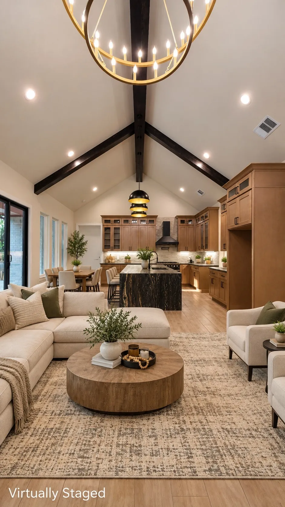Vaulted ceiling with exposed beams, wood-finish flooring, kitchen island with stone countertop, recessed lighting, and ample cabinetry