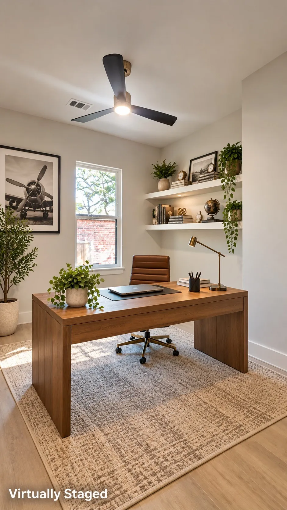 Recessed lighting, wood-finish flooring, ceiling fan with integrated lighting, and floating shelves with accent lighting