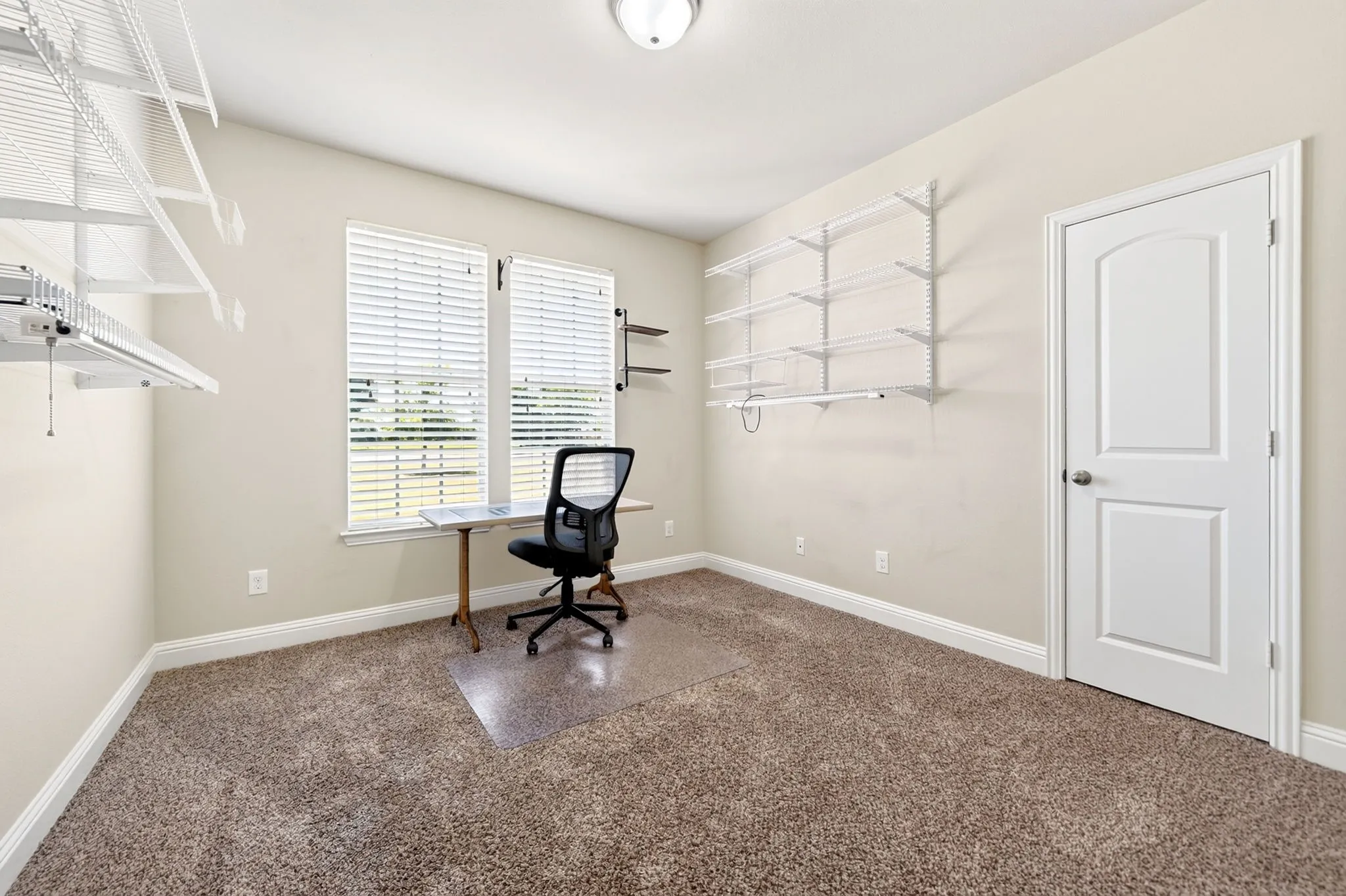 Plush carpet flooring, dual windows with blinds, ceiling-mounted light fixture, white interior door with arched paneling, and adjustable wall shelving