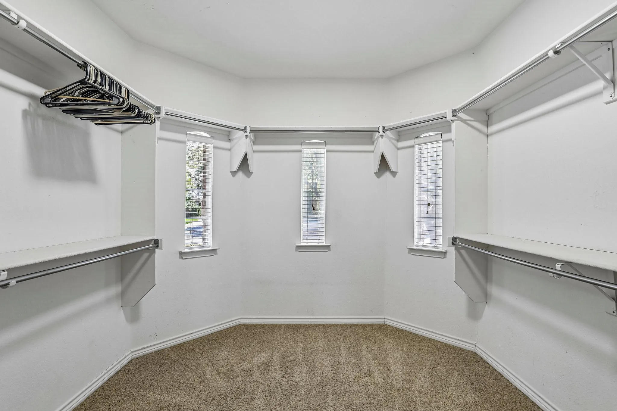 Primary suite's closet featuring natural light and built-in shelving.