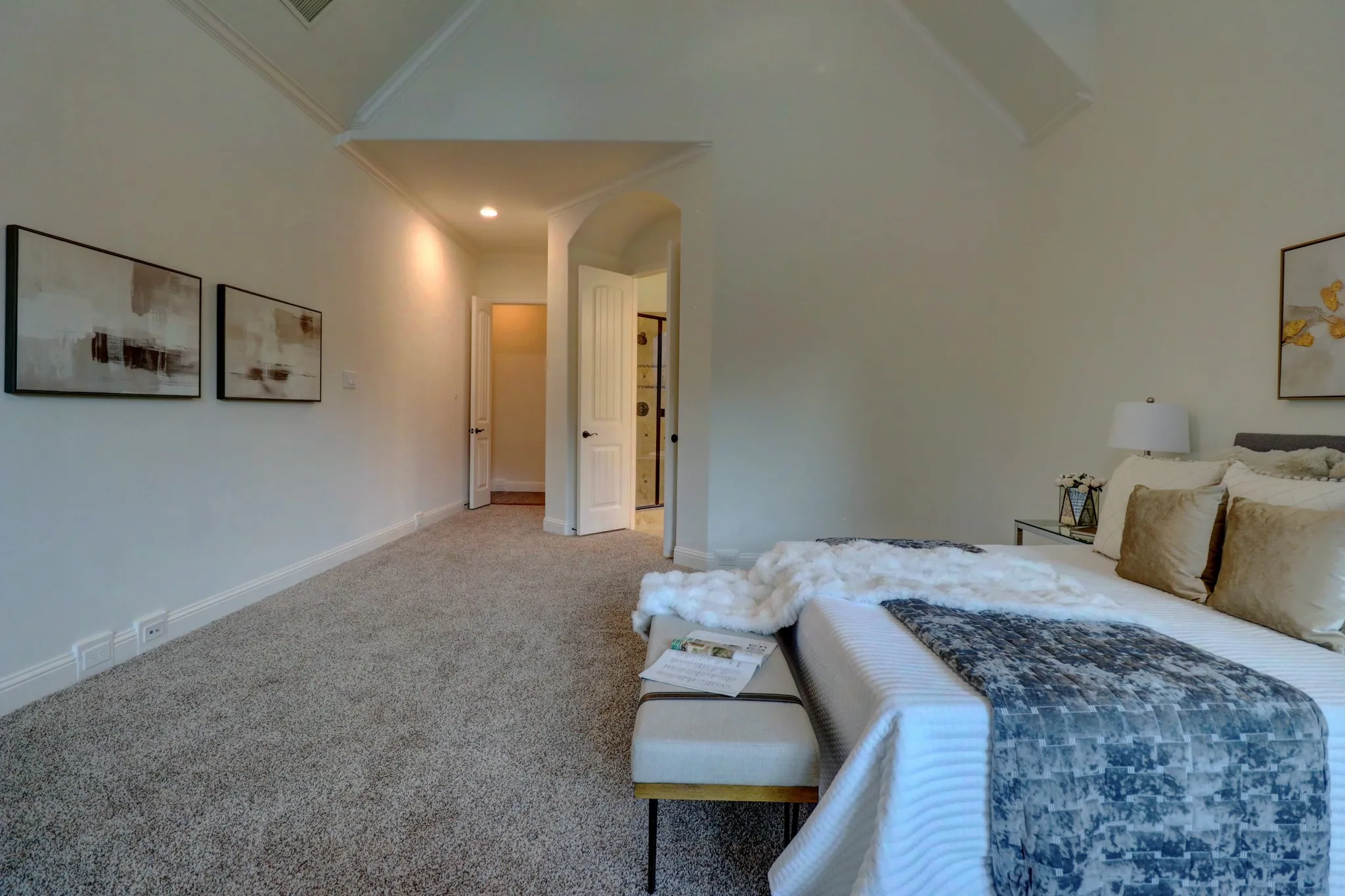 Tray ceiling, recessed lighting, arched doorway, carpeted flooring, white paneled doors