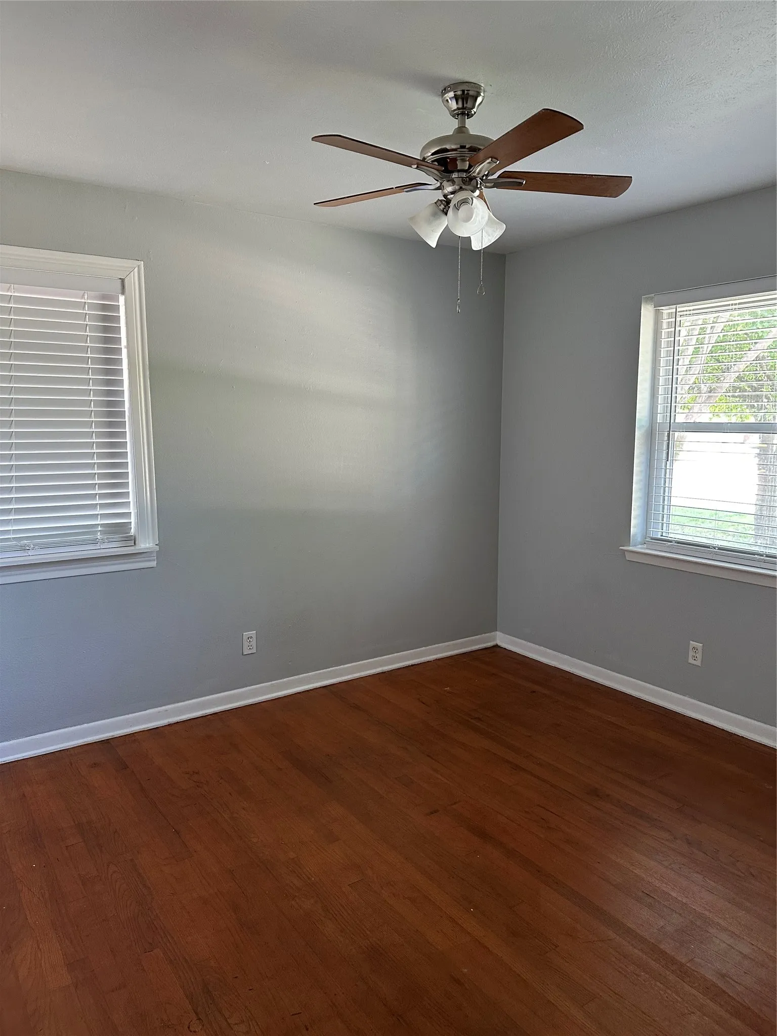 Hardwood flooring, painted walls, two windows, and a ceiling fan with integrated lighting