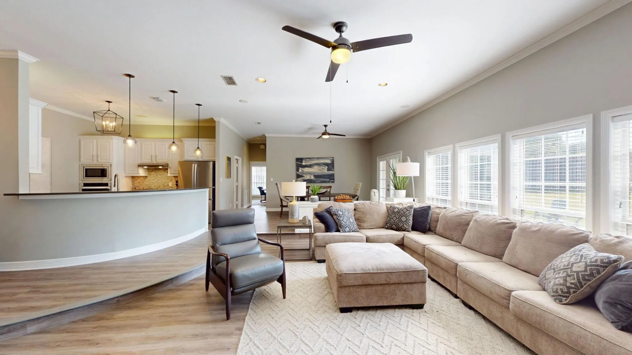 Open to Kitchen and Long Breakfast Bar.