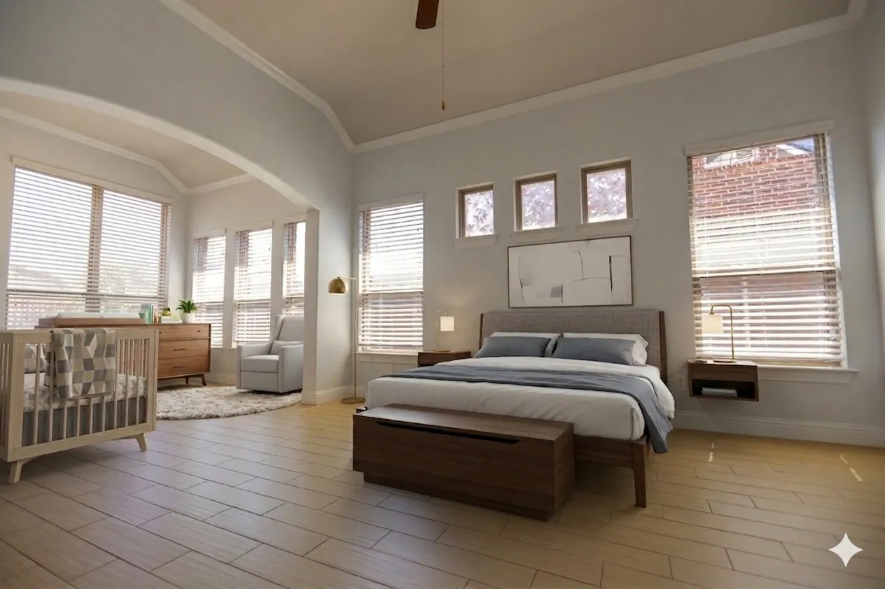Spacious room featuring vaulted ceilings with crown molding, light wood-finish flooring, and multiple windows with blinds