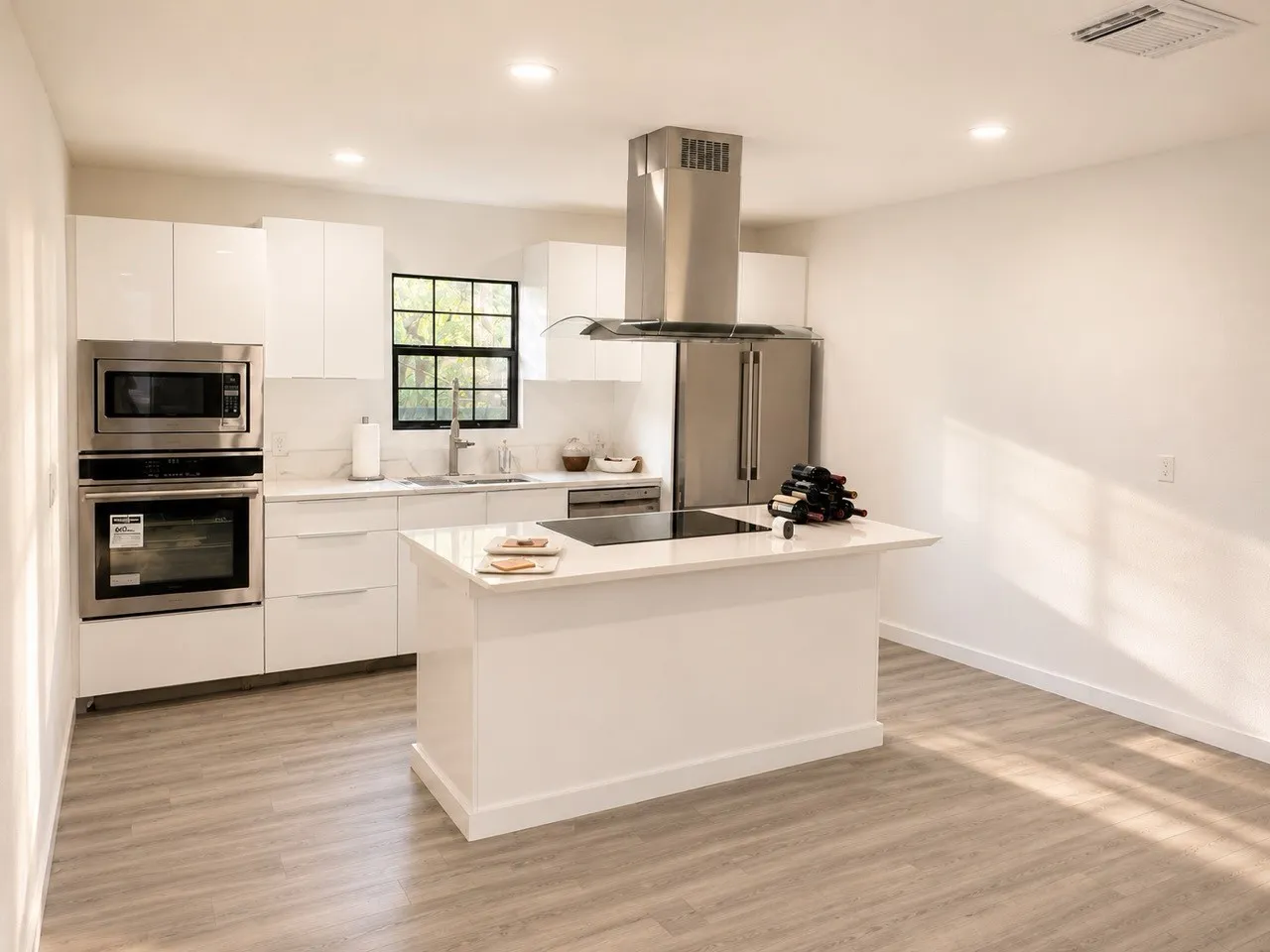 Modern kitchen featuring white cabinetry, stainless steel appliances, a center island with cooktop, and wood-finish flooring