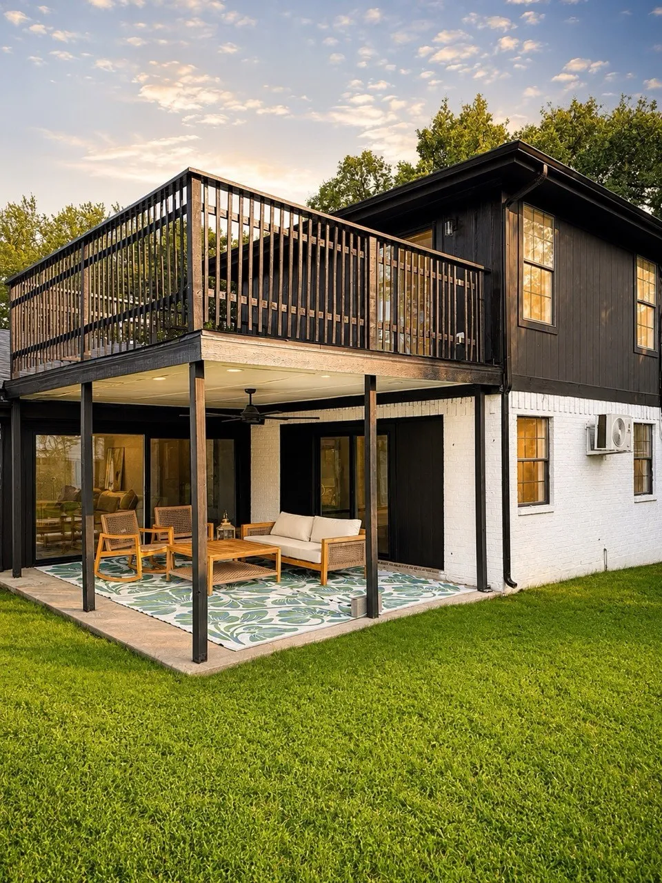 Upper-level deck with vertical railings, ground-level covered patio, and expansive green lawn