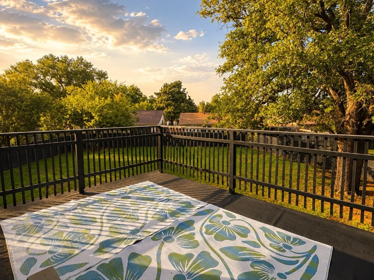 Expansive outdoor decking with black metal railings overlooking mature trees and a substantial grassy area