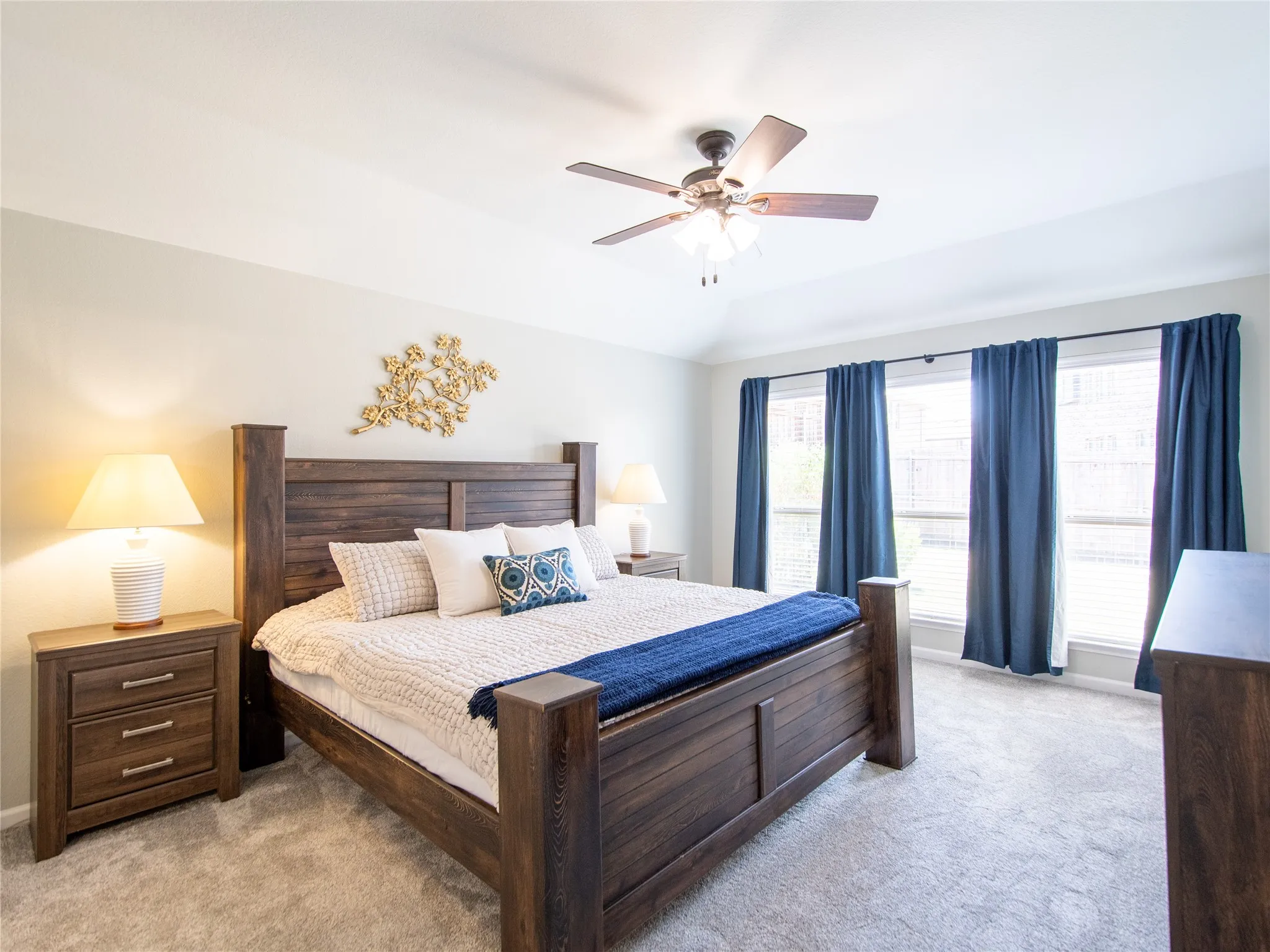 Lots of natural light. Tray ceiling with a ceiling fan, three windows with blinds, and light-colored carpeting