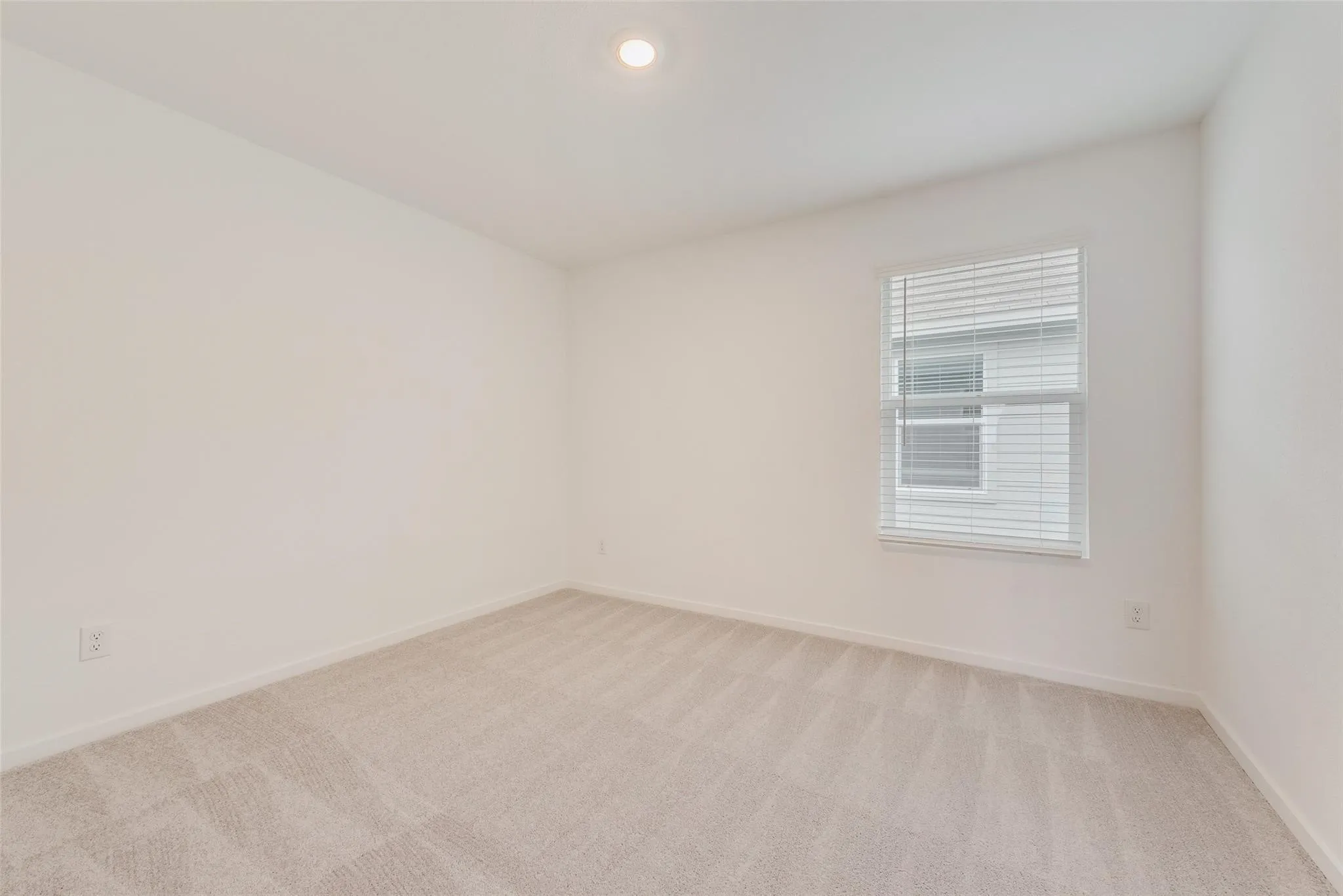 Neutral-toned walls complement the light-colored carpeting