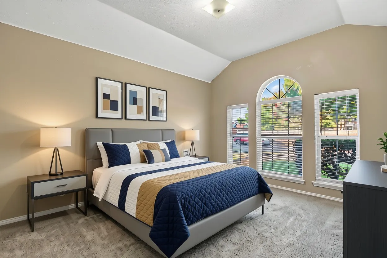 Primary Bedroom Suite with Vaulted Ceiling and Arched Transom WindowsThis bright primary bedroom features a vaulted ceiling with recessed lighting, neutral wall finishes, and three arched transom windows with plantation shutters offering natural light and outdoor views