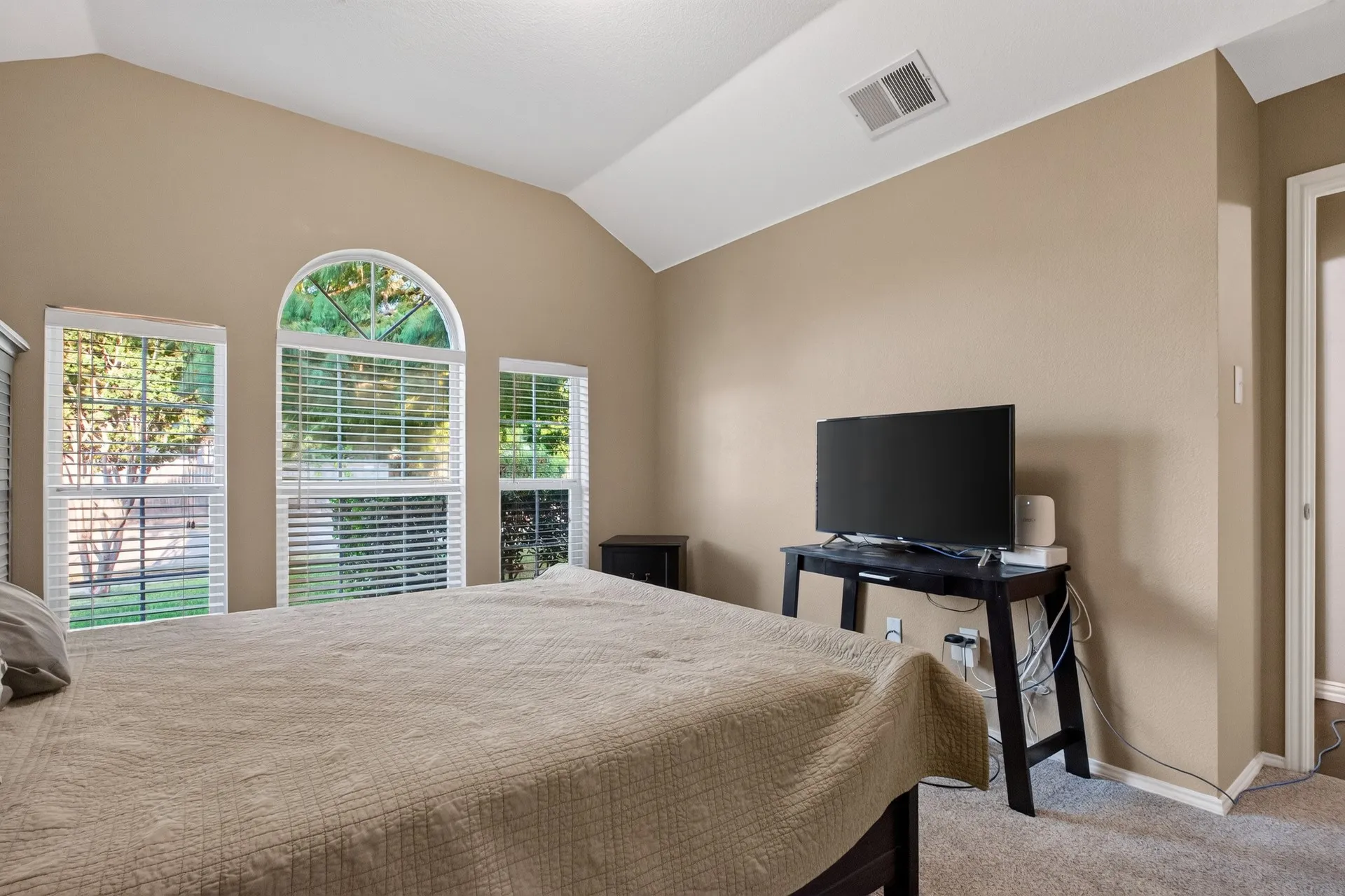 Vaulted ceiling, arched window, two vertical windows with blinds, and neutral carpeting