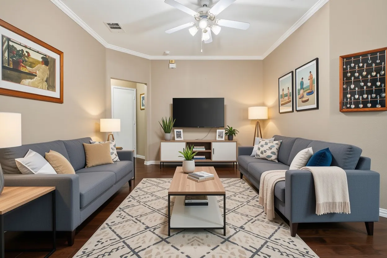 Elegant living room showcasing two generously proportioned gray upholstered sofas, hardwood flooring, and a coffered ceiling with integrated lighting