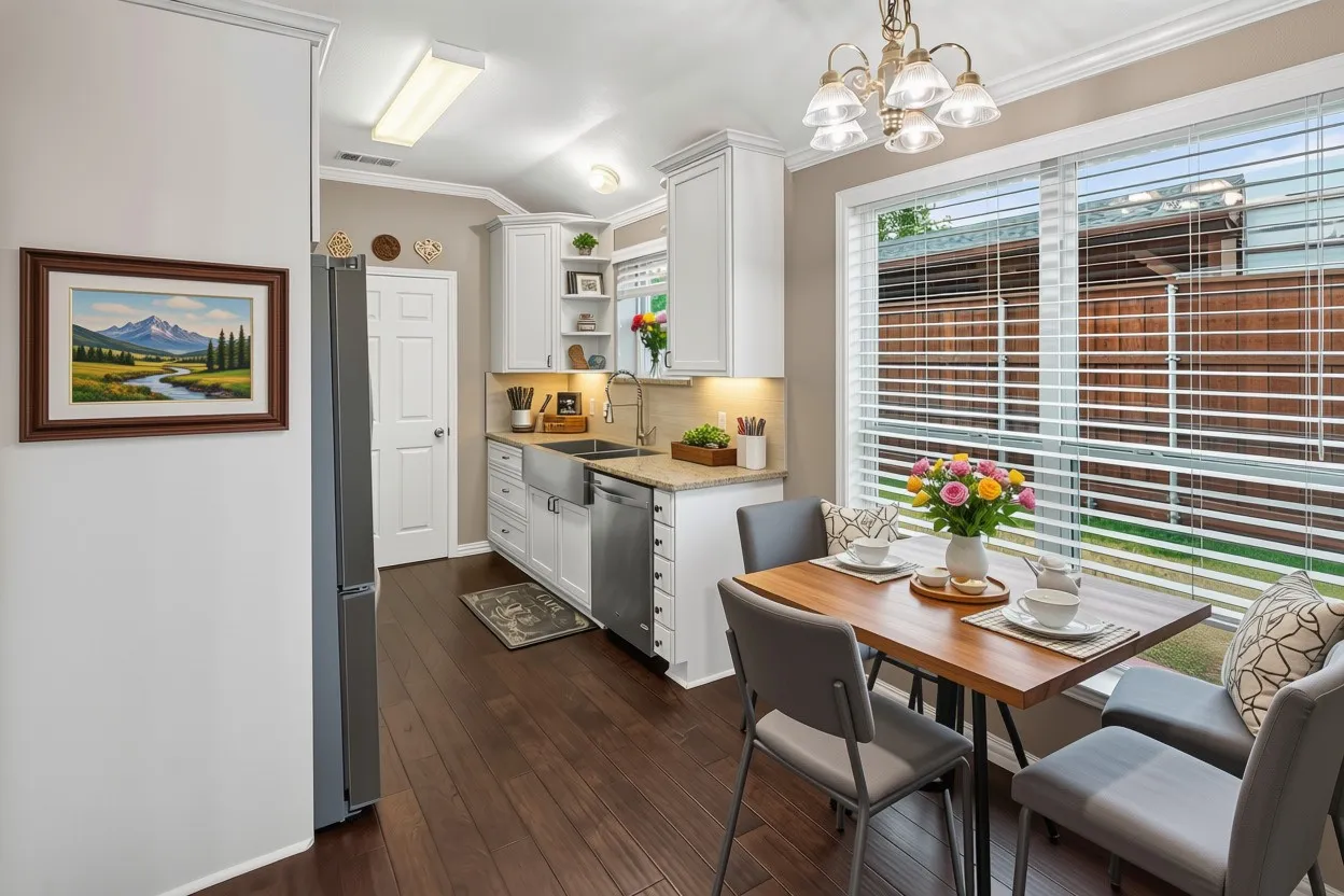 Bright dining area with wood-finish flooring, a dining table with seating for four, and expansive windows with horizontal blinds providing natural light