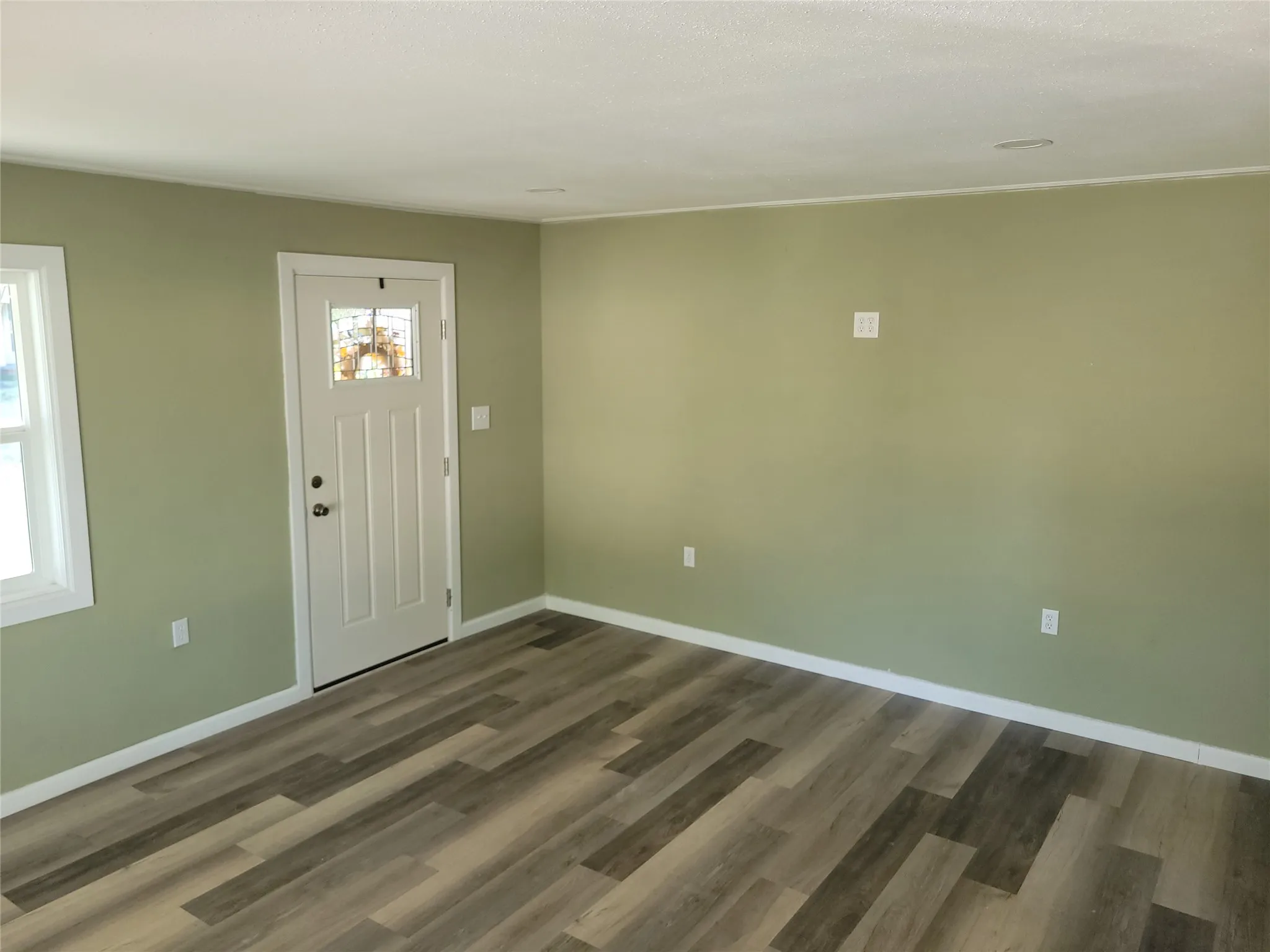 Wood-finish flooring, light green painted walls, white trim, recessed lighting, and a front door with decorative glass