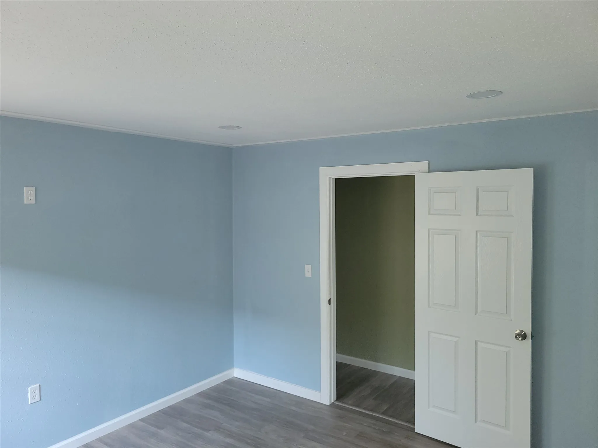 Recessed ceiling lighting, crown molding, paneled interior door, and wood-finish flooring