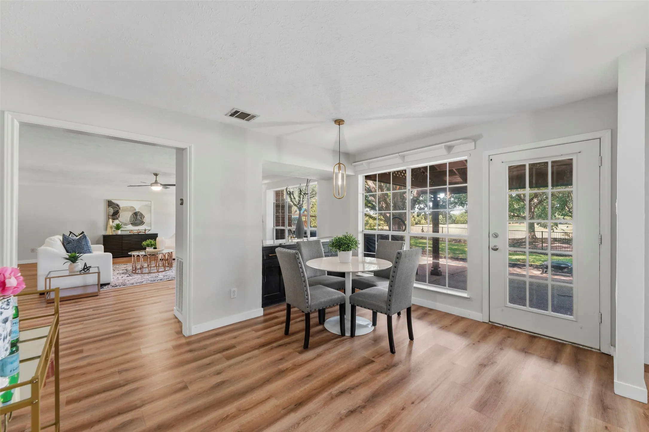 Wood-finish flooring throughout, framed window panels, and a glass-paned door