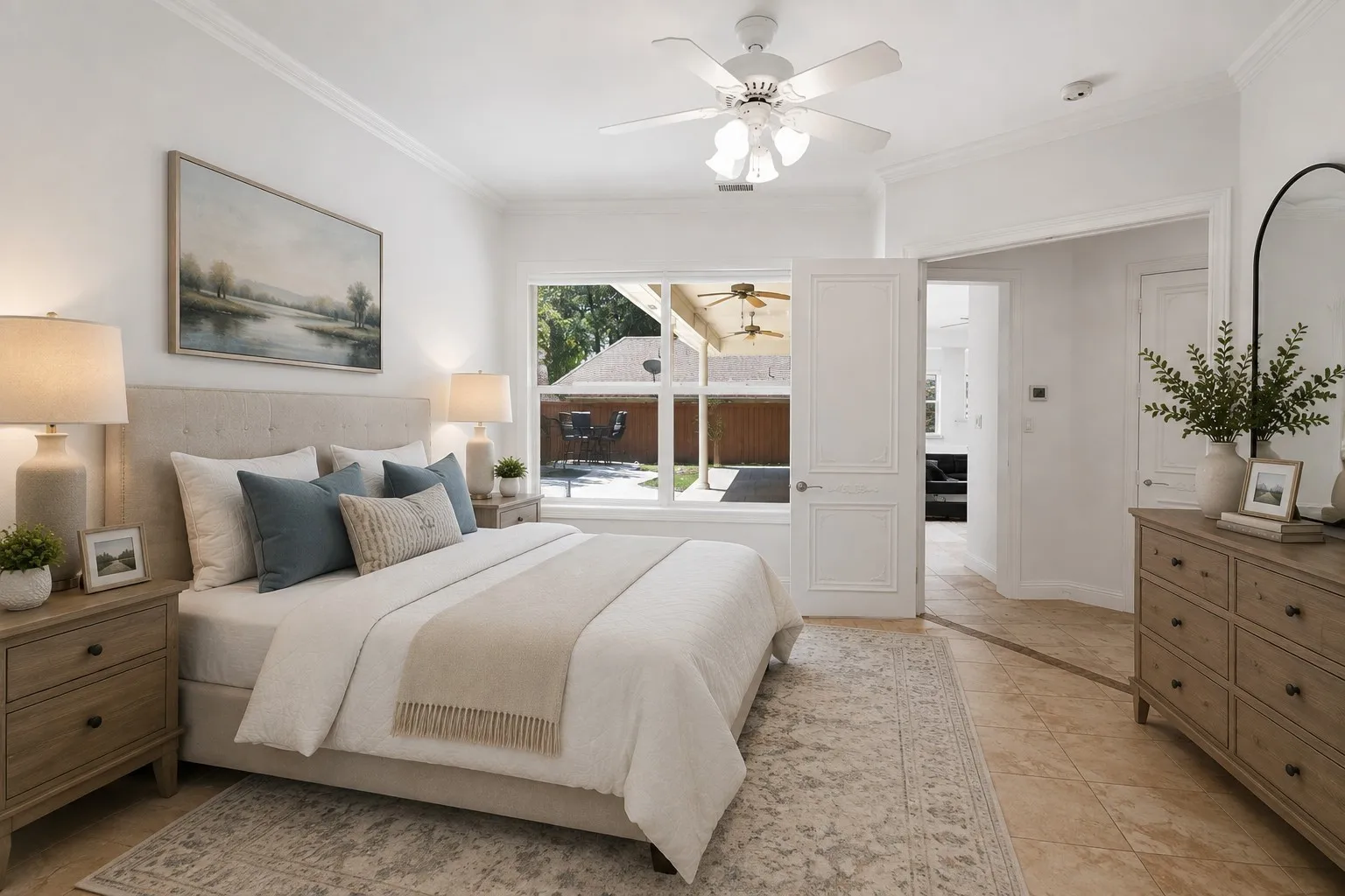 Spacious room with crown molding, ceiling fan, large window, French-style double doors, and tile flooring