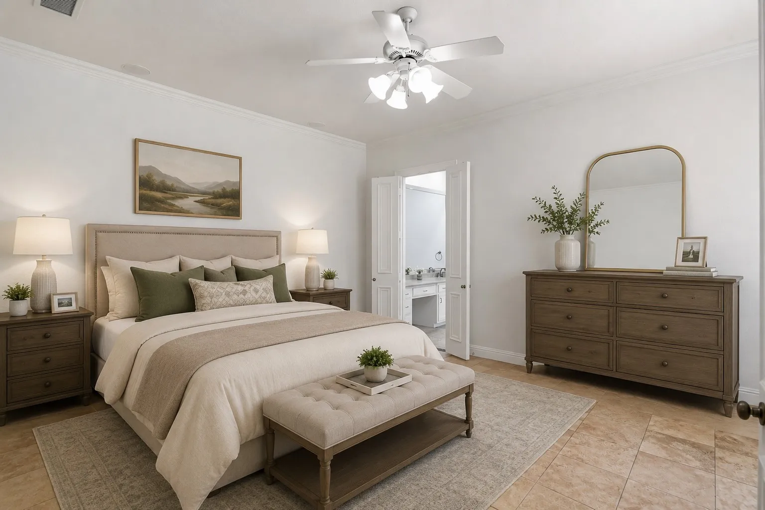 White ceiling fan with light kit, crown molding, white walls, and stone tile flooring
