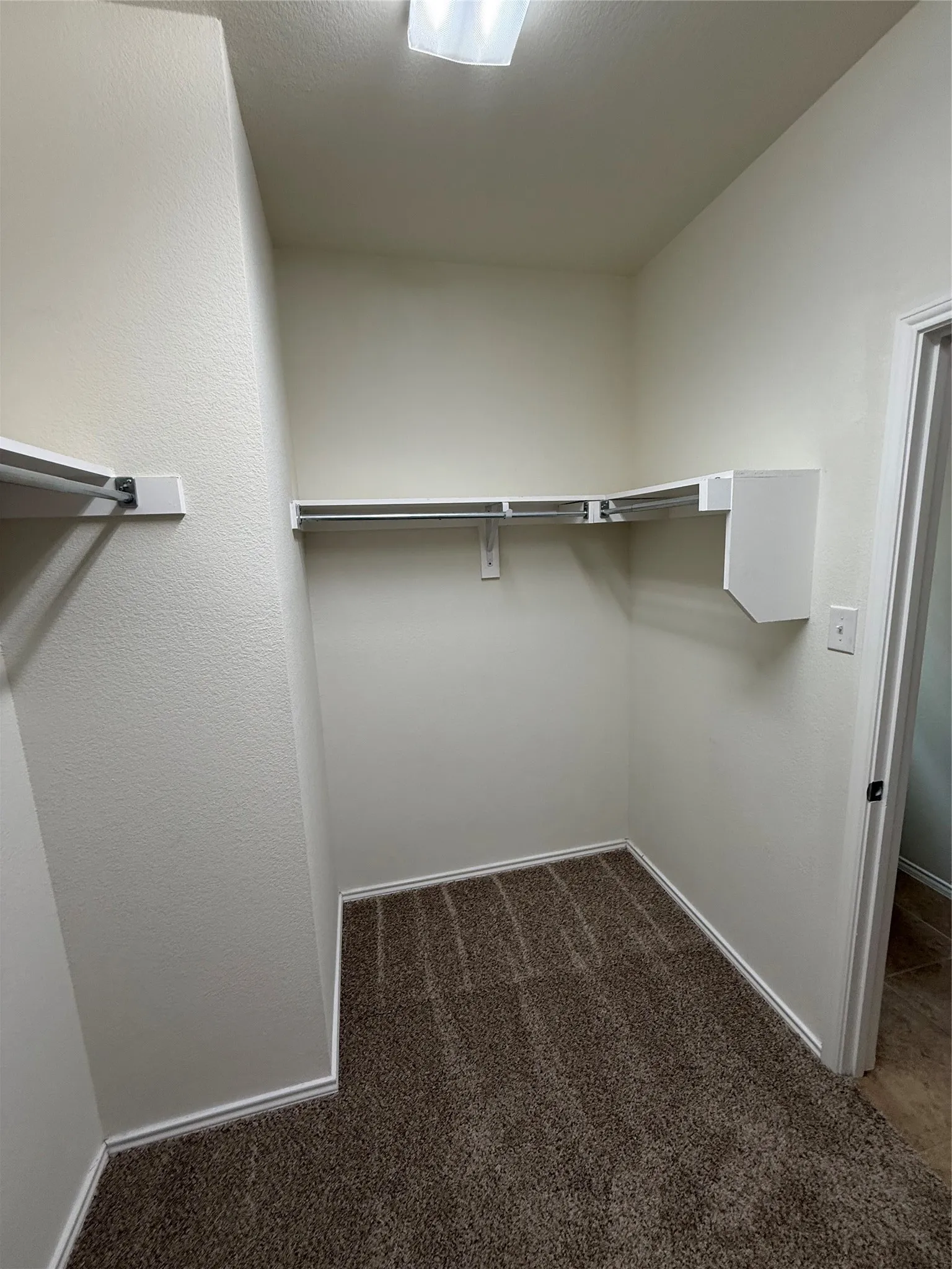 Carpeted closet with built-in shelving and hanging rods
