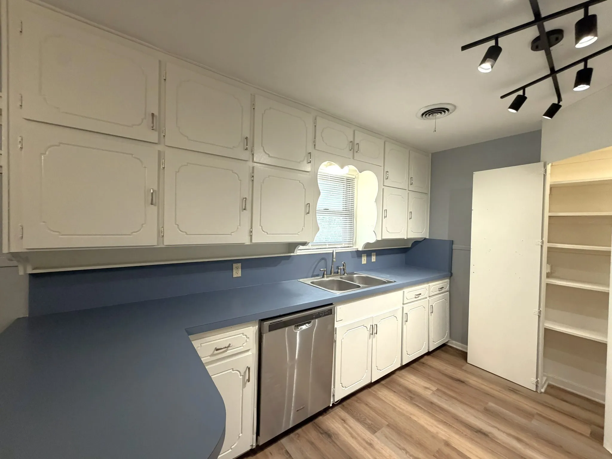 Kitchen featuring white cabinetry, blue countertops, wood-finish flooring, a double basin stainless steel sink, and a stainless steel dishwasher