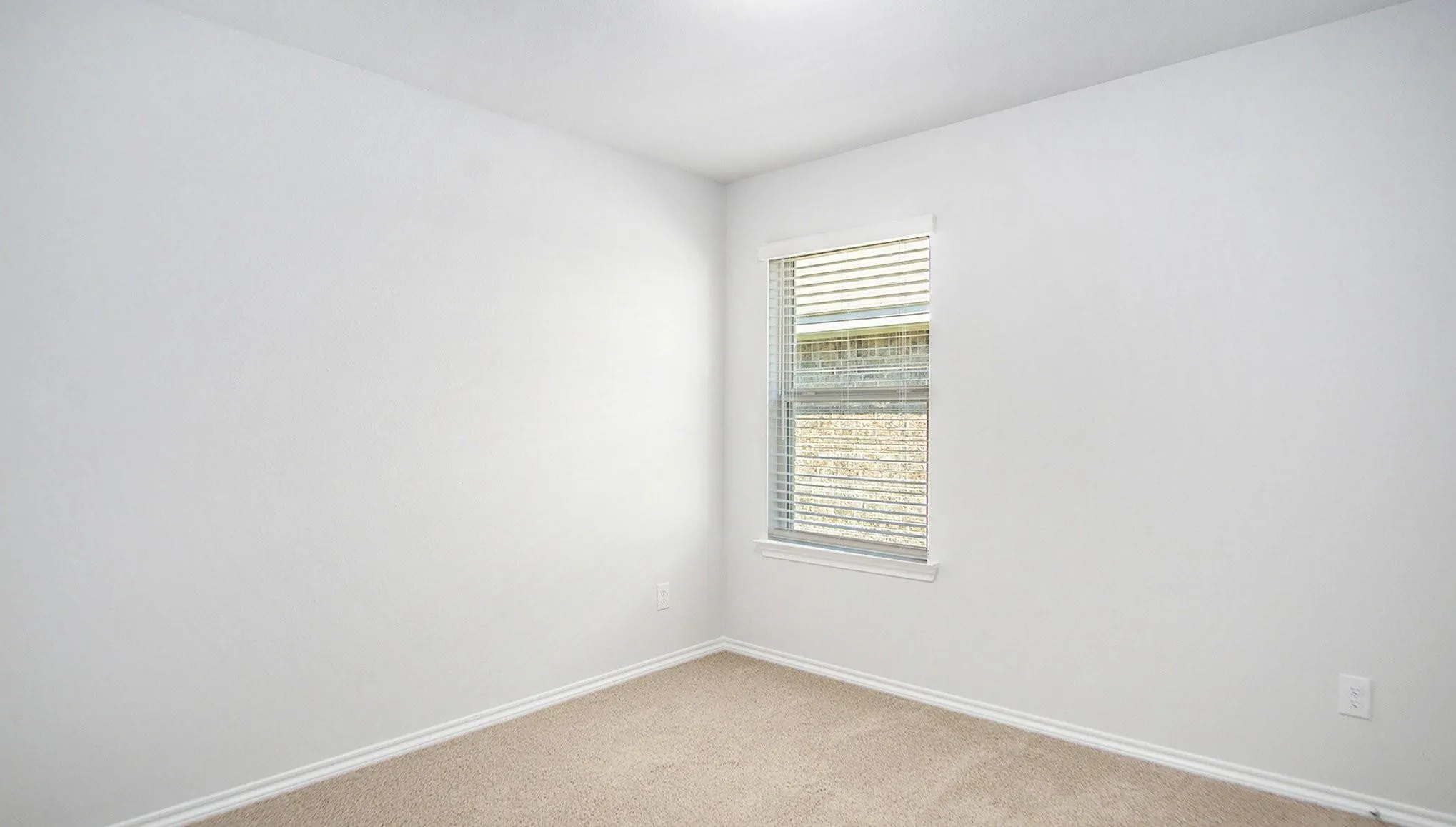 Windowed room featuring textured white walls, a single window with horizontal blinds, neutral-toned carpet, and white baseboards