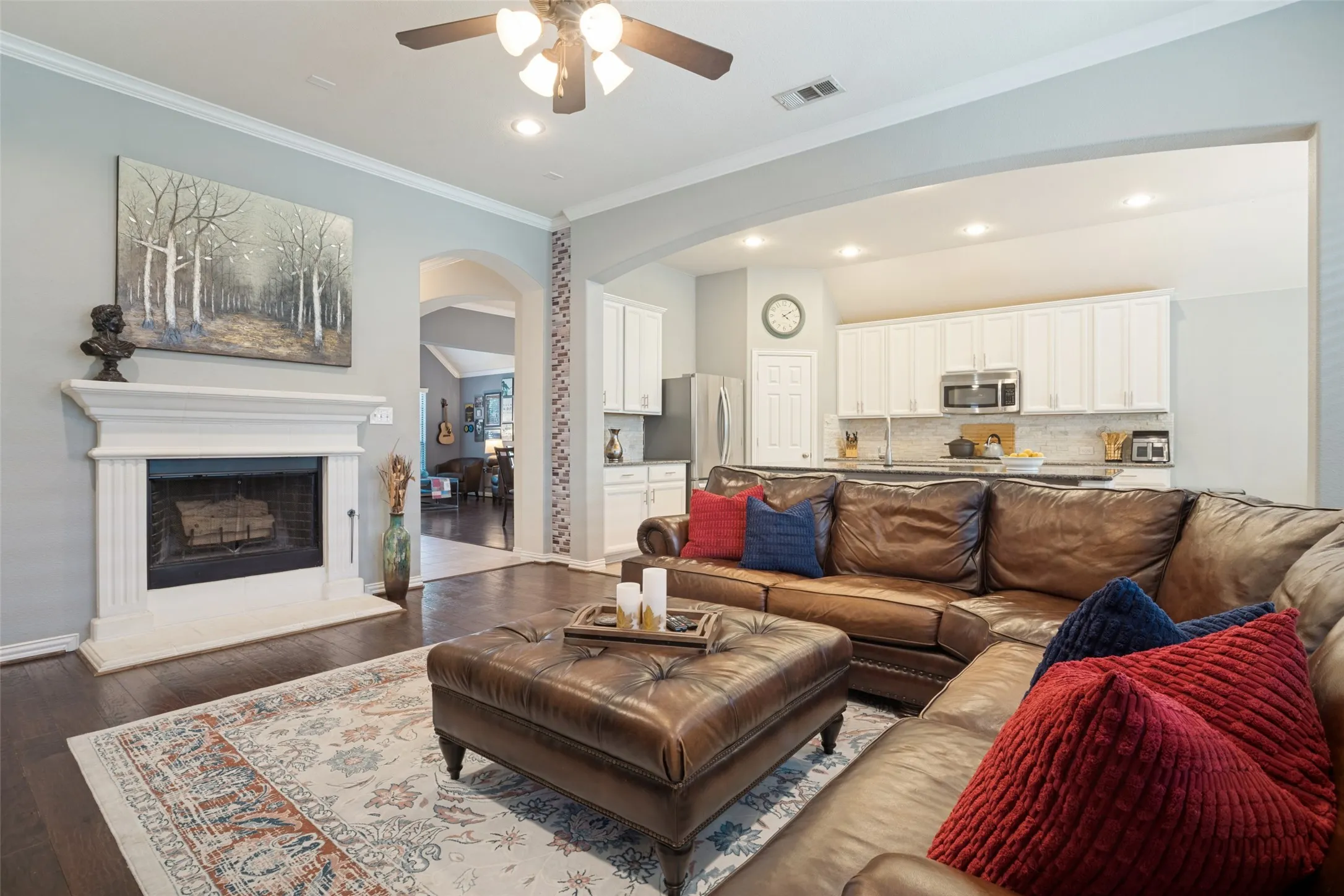 Main living space with wood burning fireplace