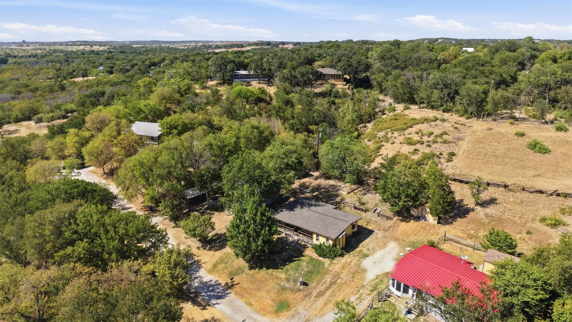 Expansive property featuring multiple structures and abundant natural landscaping