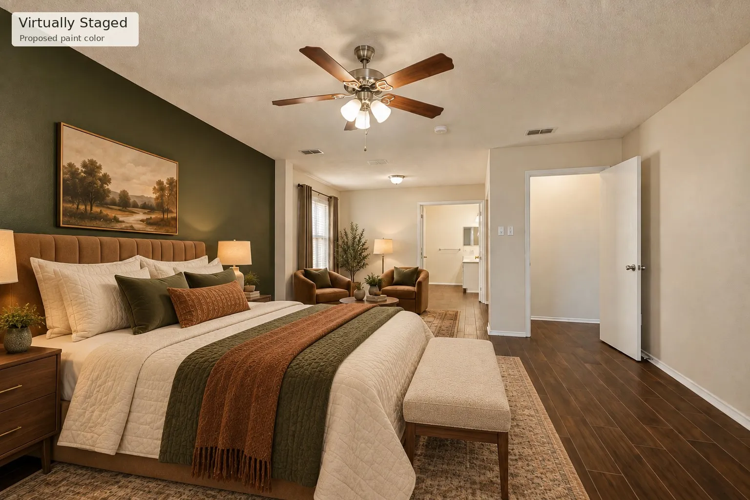 Recessed lighting, ceiling fan with light fixture, wood-finish flooring, and a flat-panel door