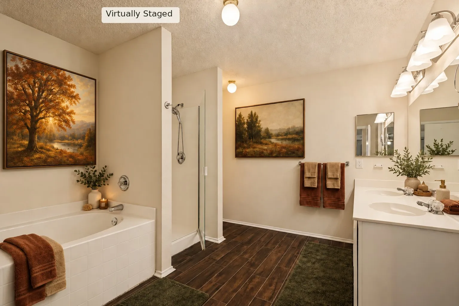 Soaking tub with chrome fixtures, glass-enclosed shower, wood-finish flooring, dual vanity with undermount sinks, and wall-mounted light fixtures