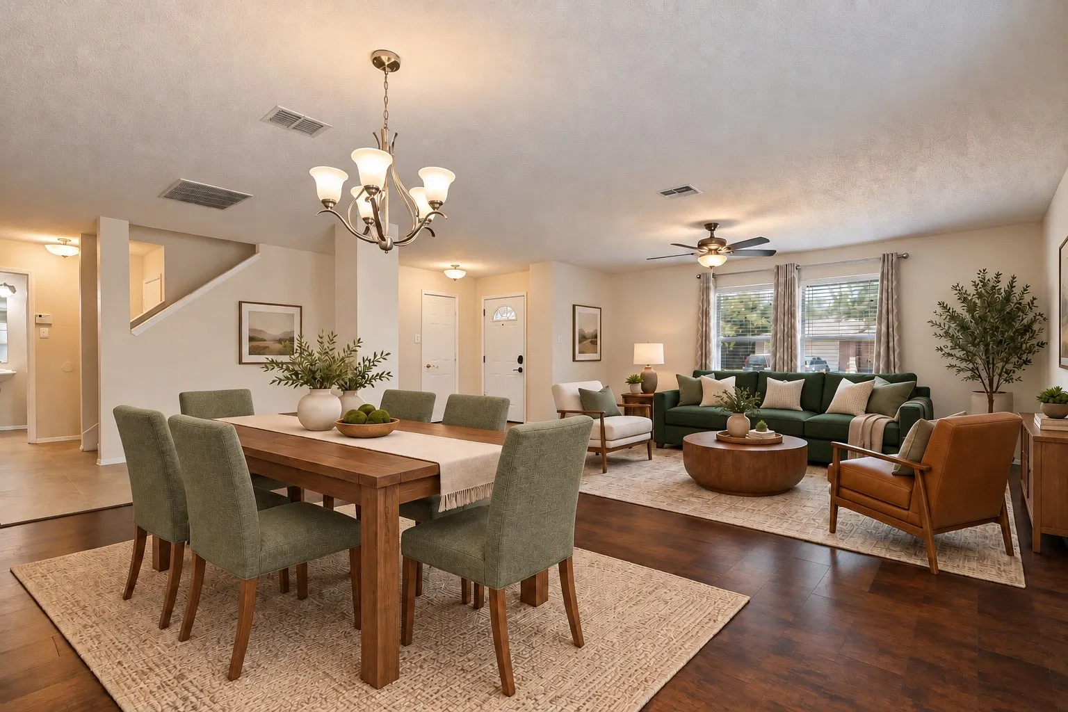 Open-concept living area with wood tile flooring, a contemporary chandelier, recessed lighting, and a ceiling fan