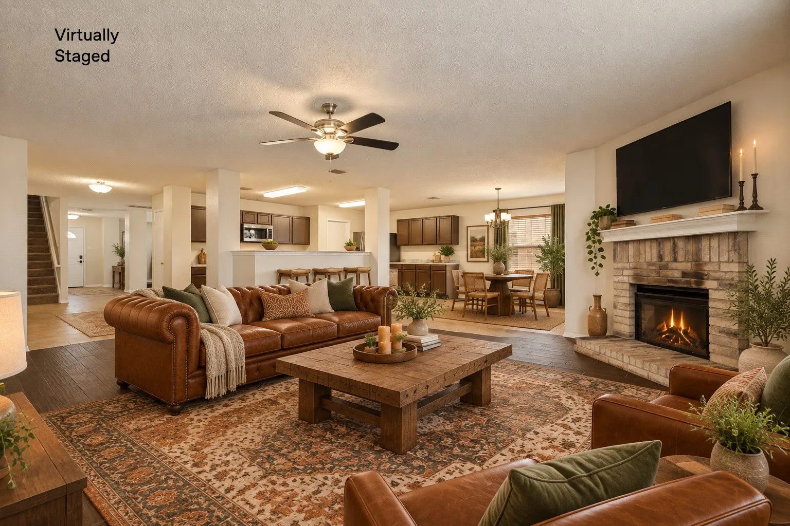 Wood-finish flooring throughout the living space and kitchen