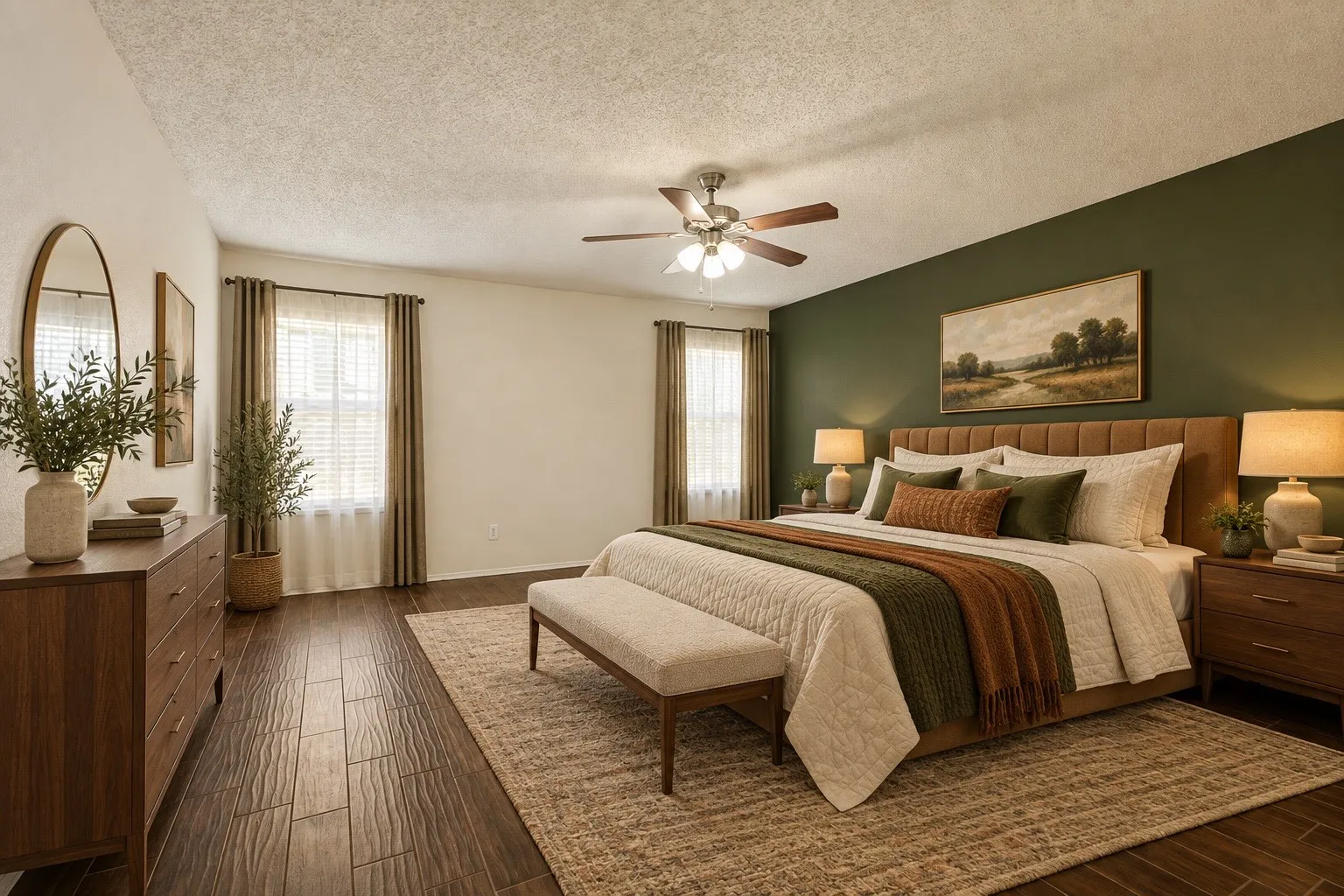 Wood-finish flooring, accent wall, ceiling fan, and multiple windows