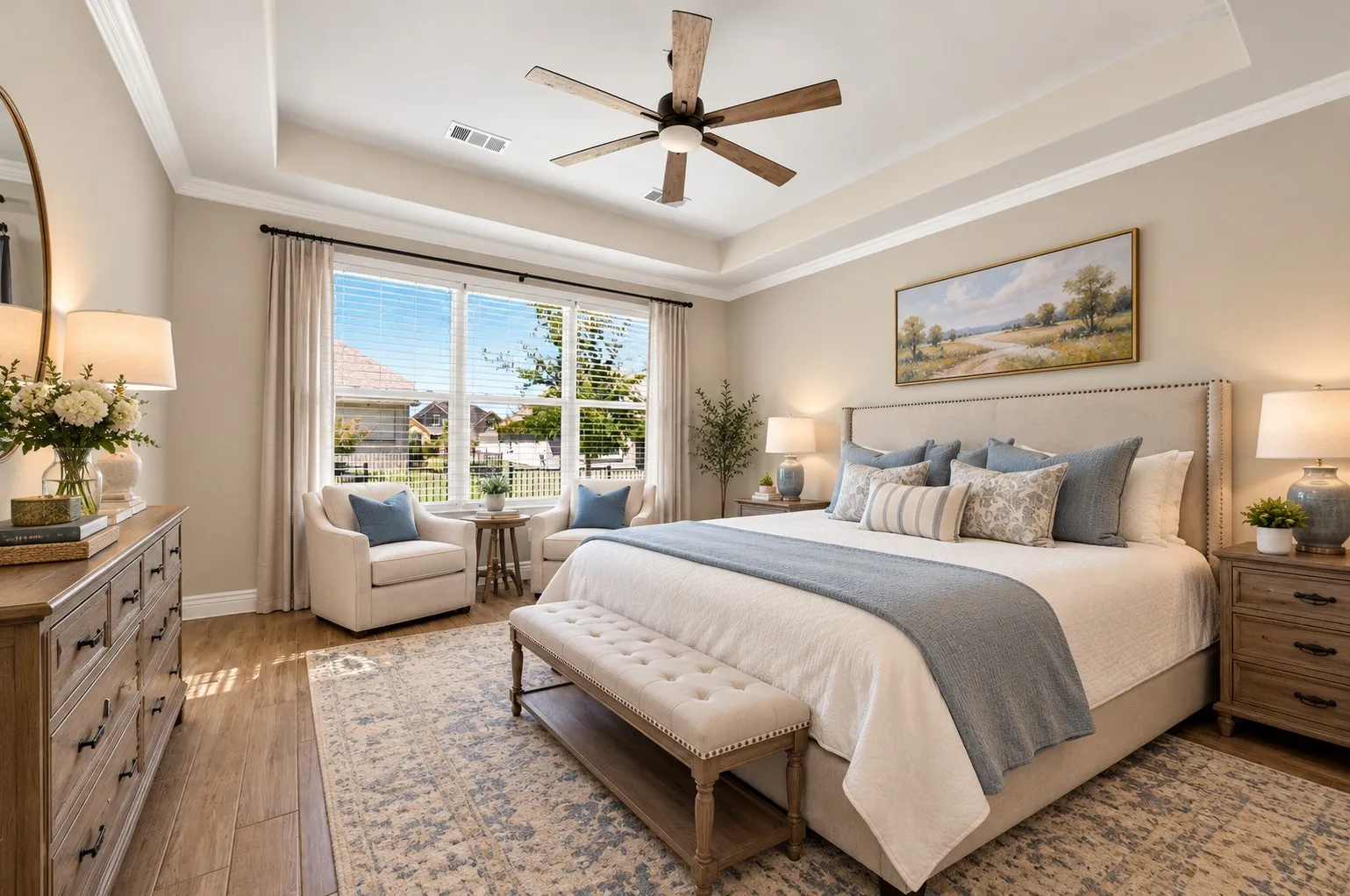 Virtually staged primary bedroom