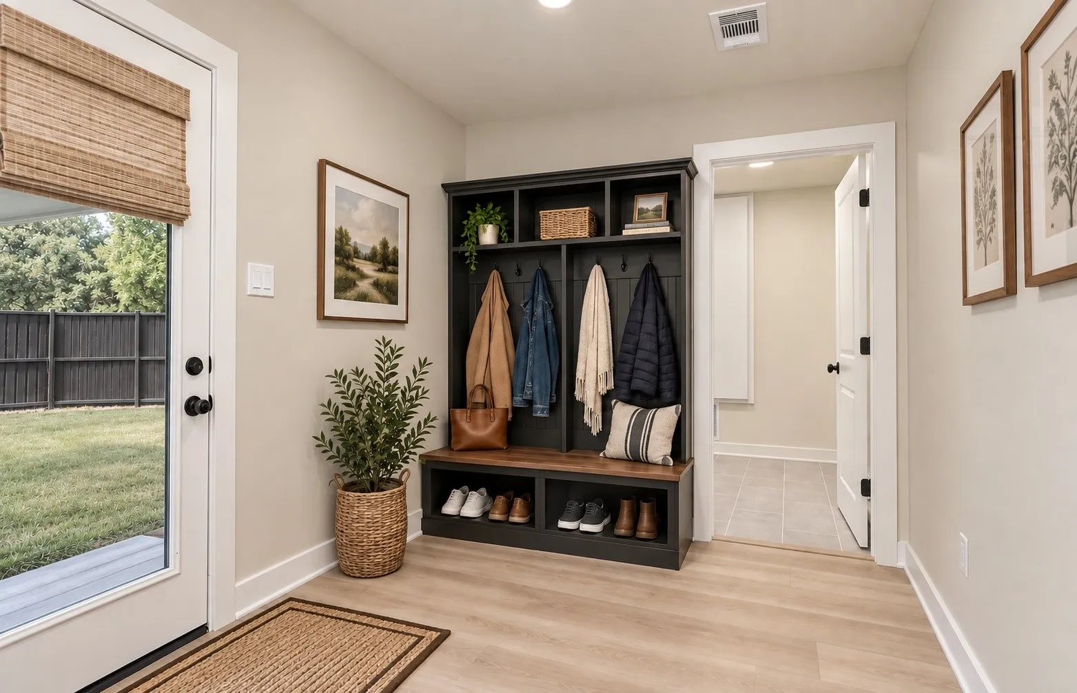 Mud Rooms have practical use with this built-in storage unit and bench seating. Provides easy access to the fully fenced backyard and patio area.