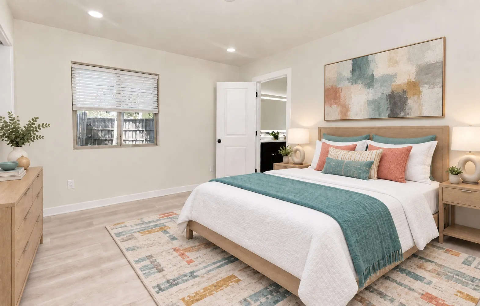 Recessed lighting illuminates the room, featuring light lpv flooring and an ensuite bath