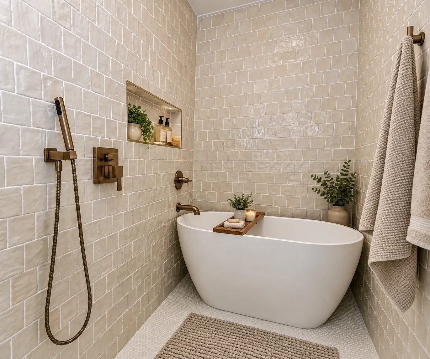 Luxury abounds in the Primary Bath with this Freestanding soaking tub with a wall-mounted tub filler, bronze shower fixtures, tiled walls, and a recessed shower niche