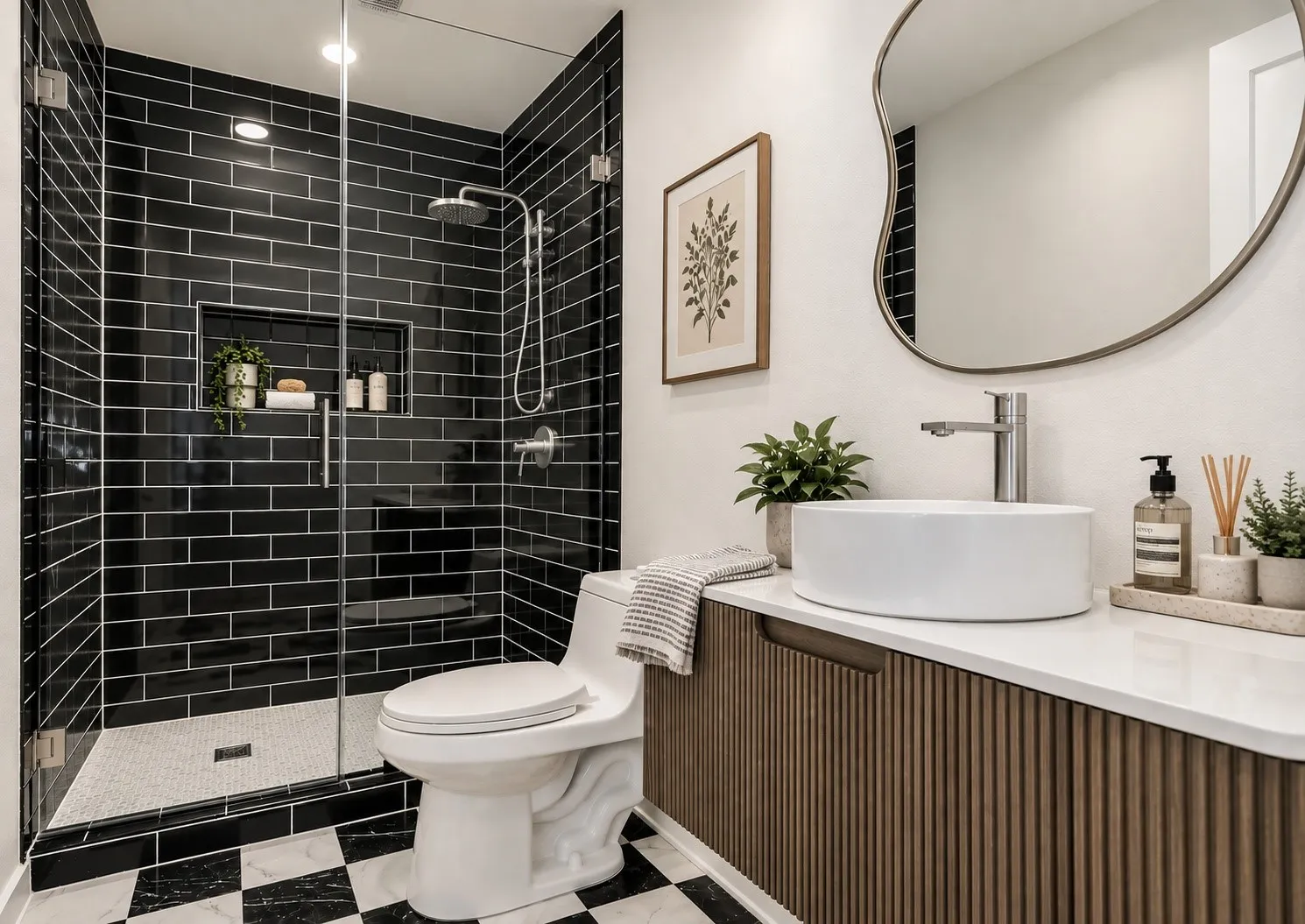 Your guests will be enamored with beautiful Glass-enclosed shower with black subway tile surround and integrated niche