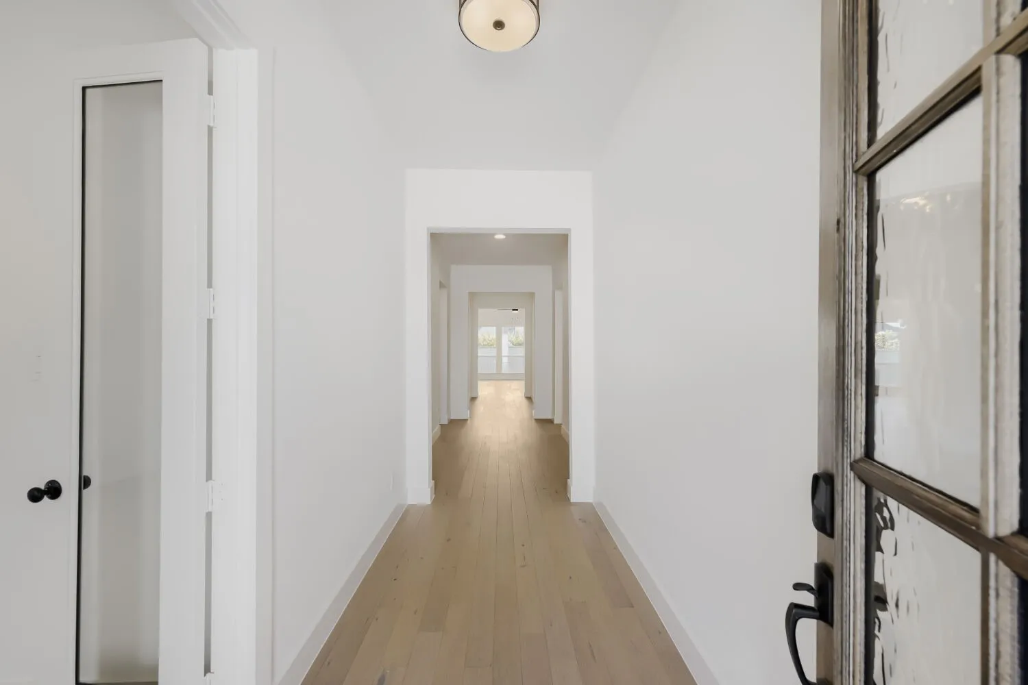 Entryway with wood-finish flooring, white walls, and a decorative flush-mount ceiling fixture