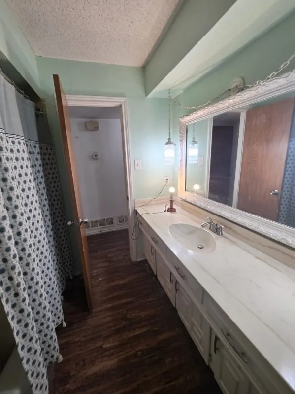 Vanity with integrated sink, wood-finish flooring, and a large wall-mounted mirror with decorative framing