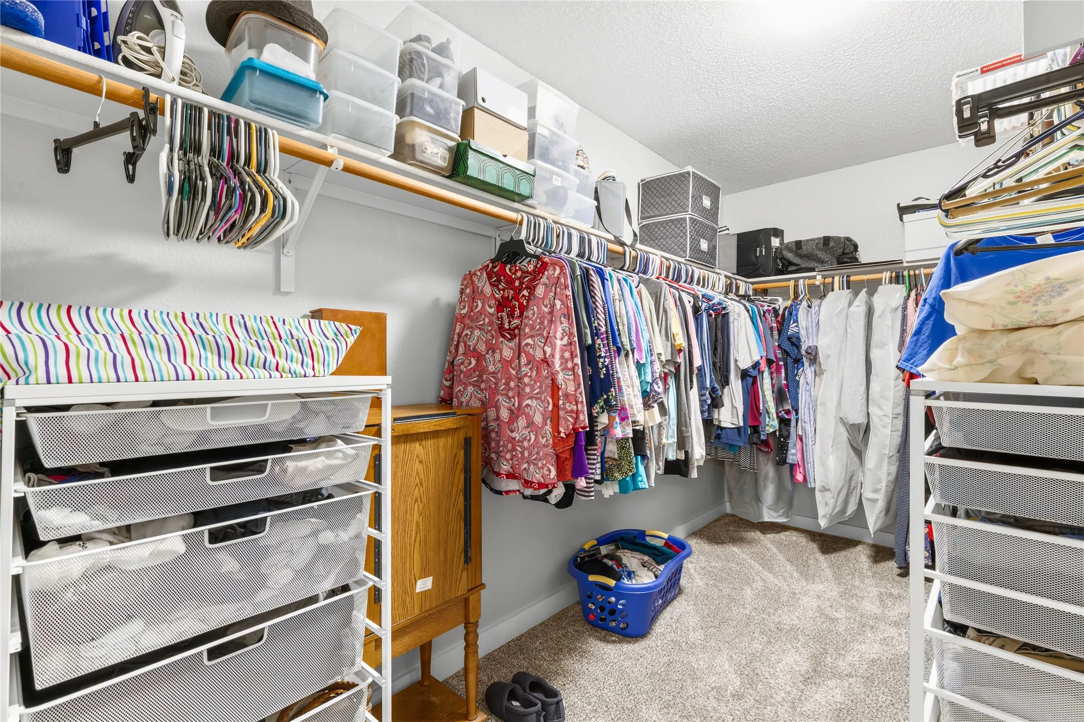 Expansive closet featuring carpet flooring, built-in shelving, and multiple clothing rods