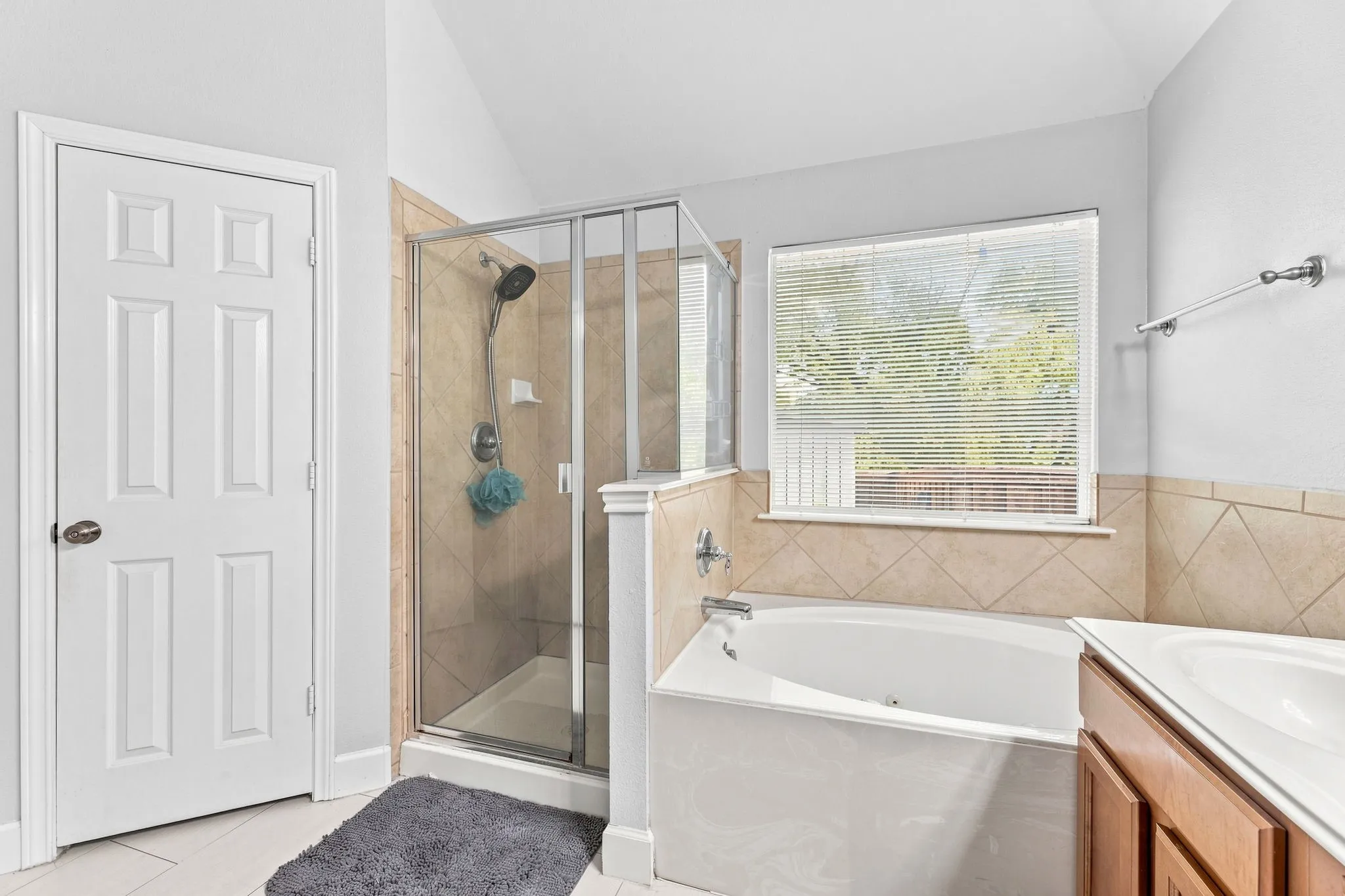 Master bathroom featuring a soaking tub, frameless glass-enclosed shower with tile surround, dual vanity with wood cabinetry, quartz countertop, and abundant natural light from large window