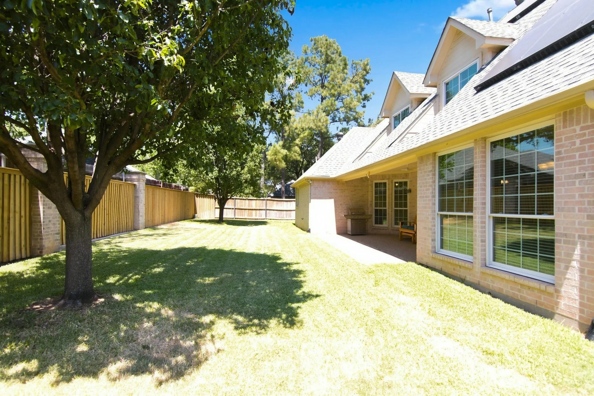 Expansive backyard featuring a mature shade tree, manicured lawn, and wooden perimeter fencing