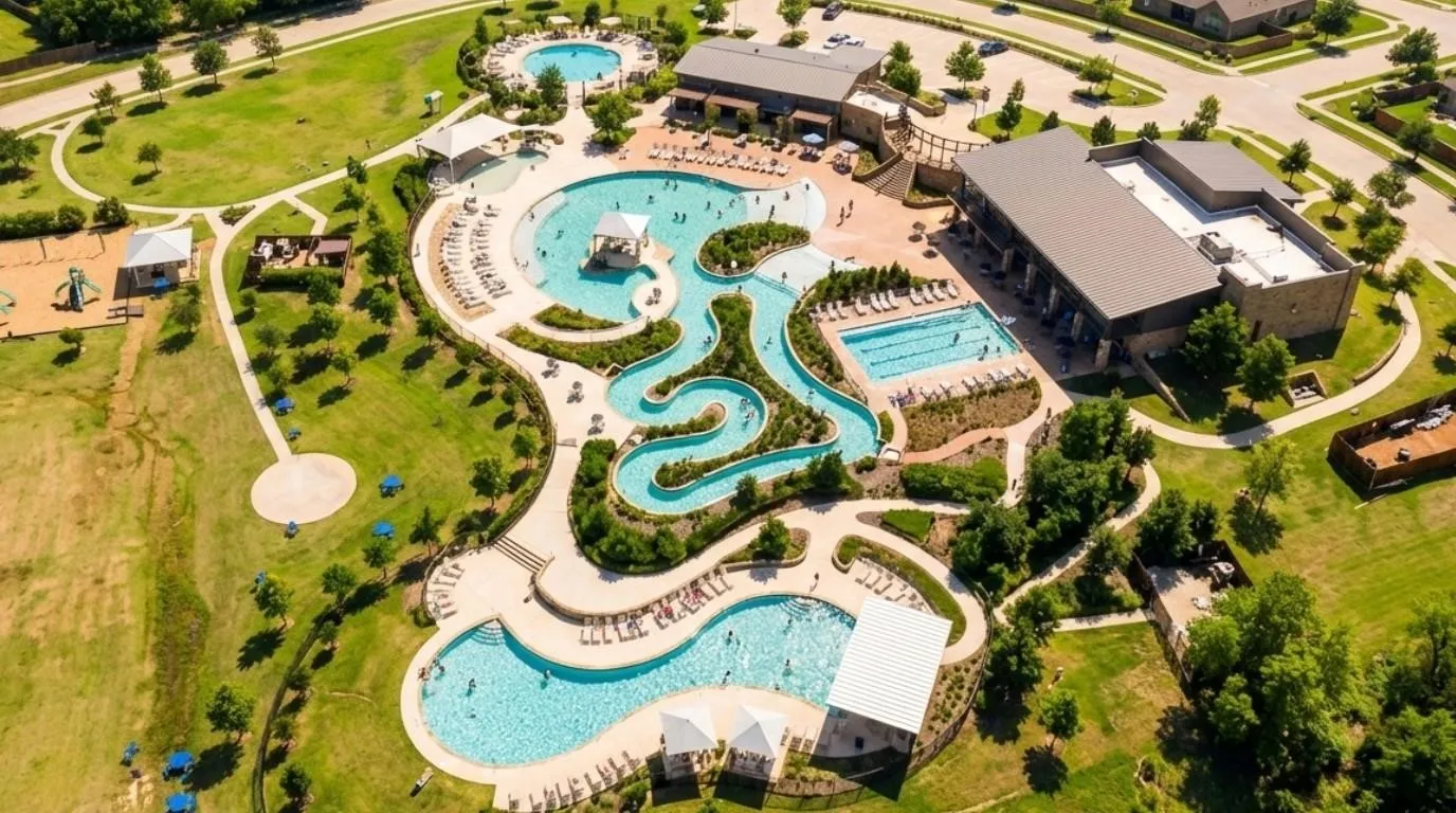 Expansive recreational complex featuring multiple resort-style swimming pools with lazy river amenities, zero-entry design, and integrated water features