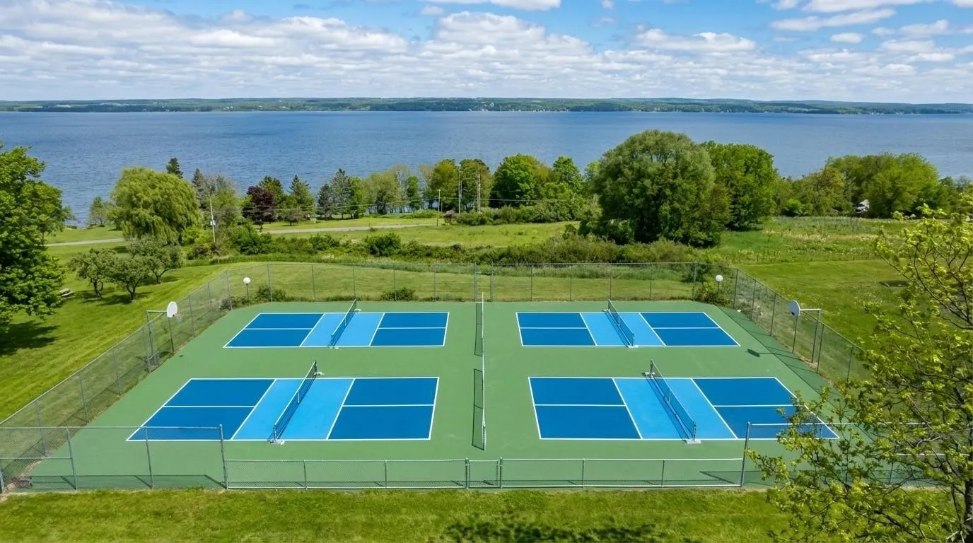 Waterfront property featuring four professional-grade pickleball courts with blue playing surfaces, separated by manicured green spaces and perimeter fencing