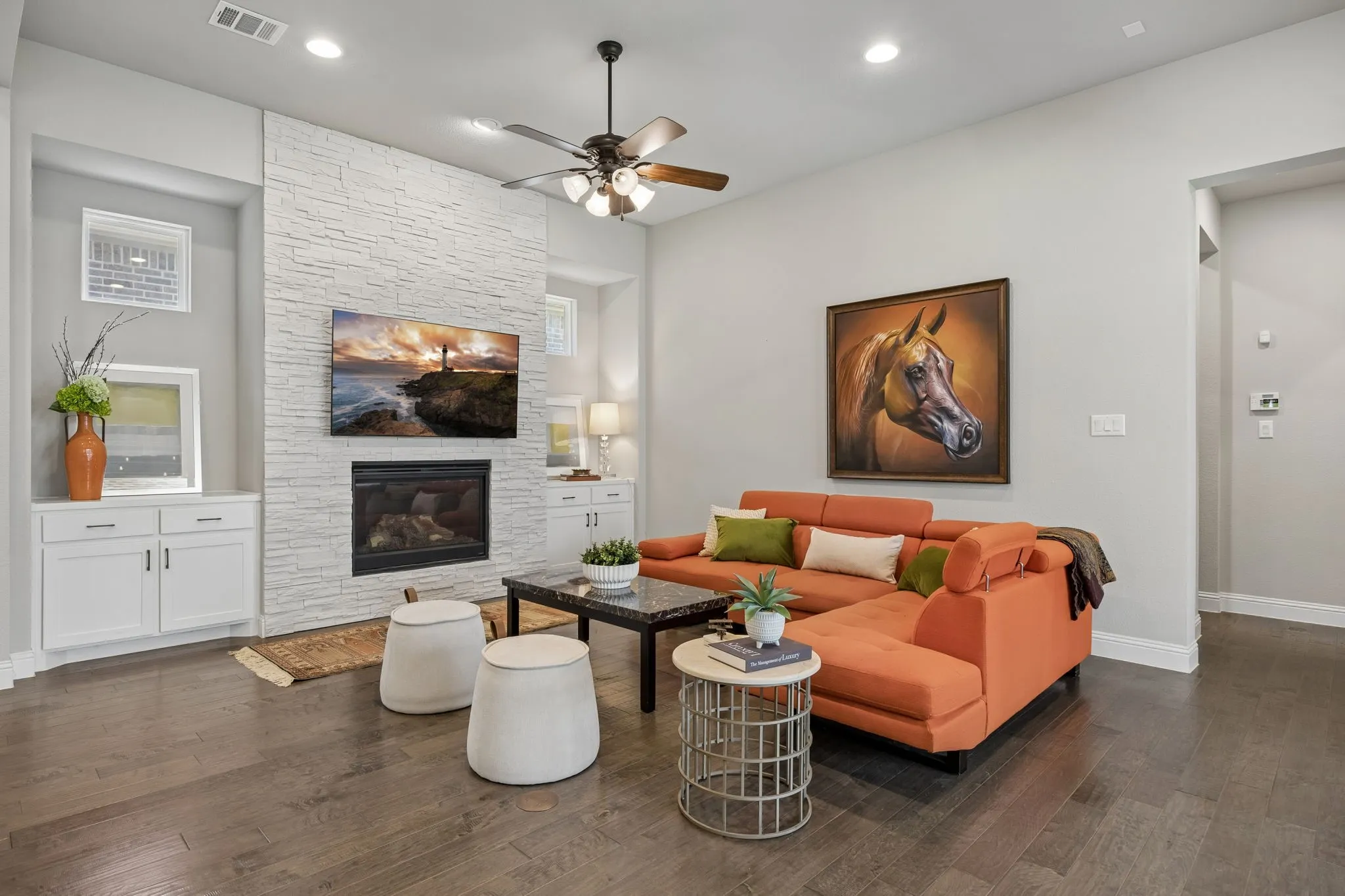 Floor to ceiling stone around fireplace
