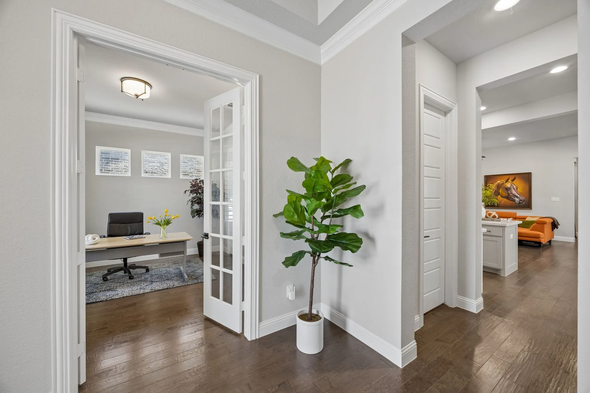 Beautiful hardwood floors and French doors on office