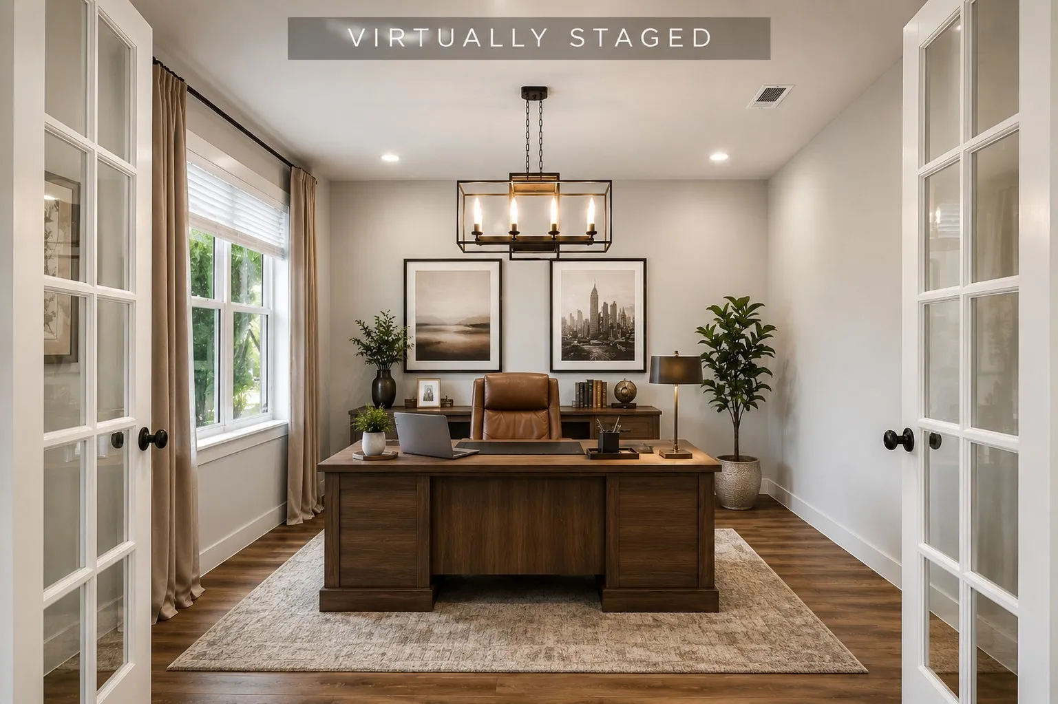  The FRENCH DOORS HAVE BEEN VIRTUALLY ADDED  only to help the buyers to visualize the possibility of separating the room for individual needs or privacy.This is a virtually staged home office where the sellers are currently using as a formal dining as shown in the prior photo.