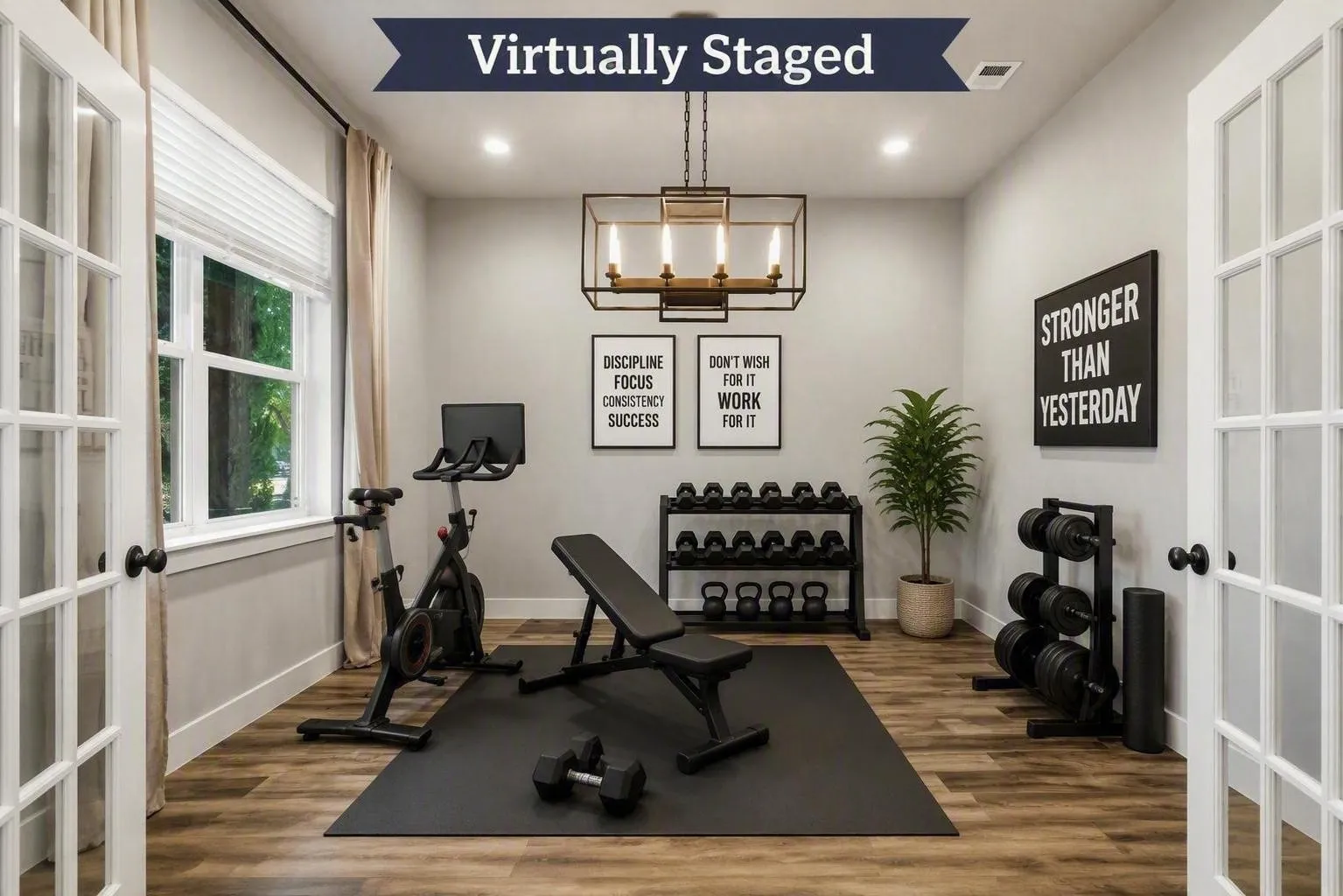  The FRENCH DOORS HAVE BEEN VIRTUALLY ADDED  only to help the buyers to visualize the possibility of separating the room for individual needs or privacy.This is a virtually staged home gym... where the sellers are currently using as a formal dining.